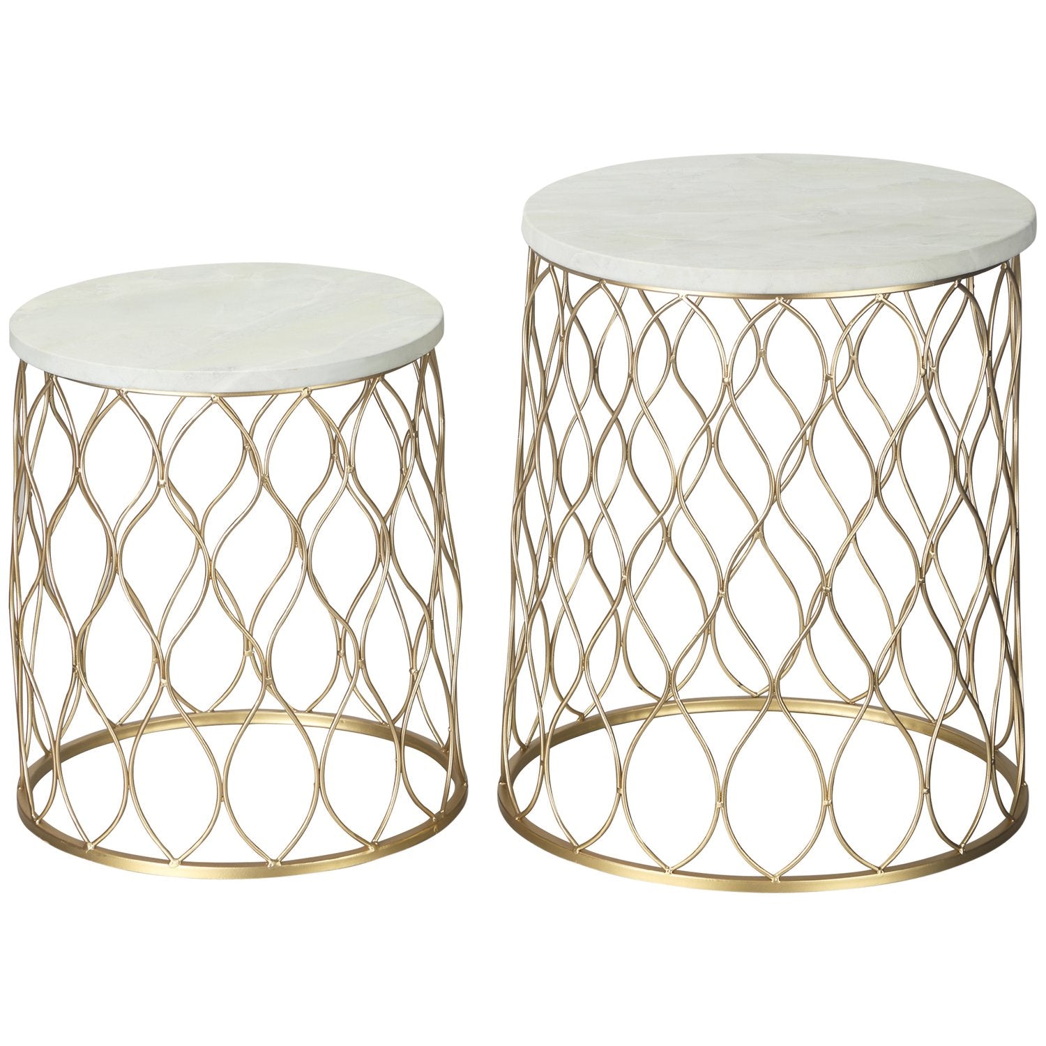 Set med 2 metall utomhus sidobord, guld & vit design