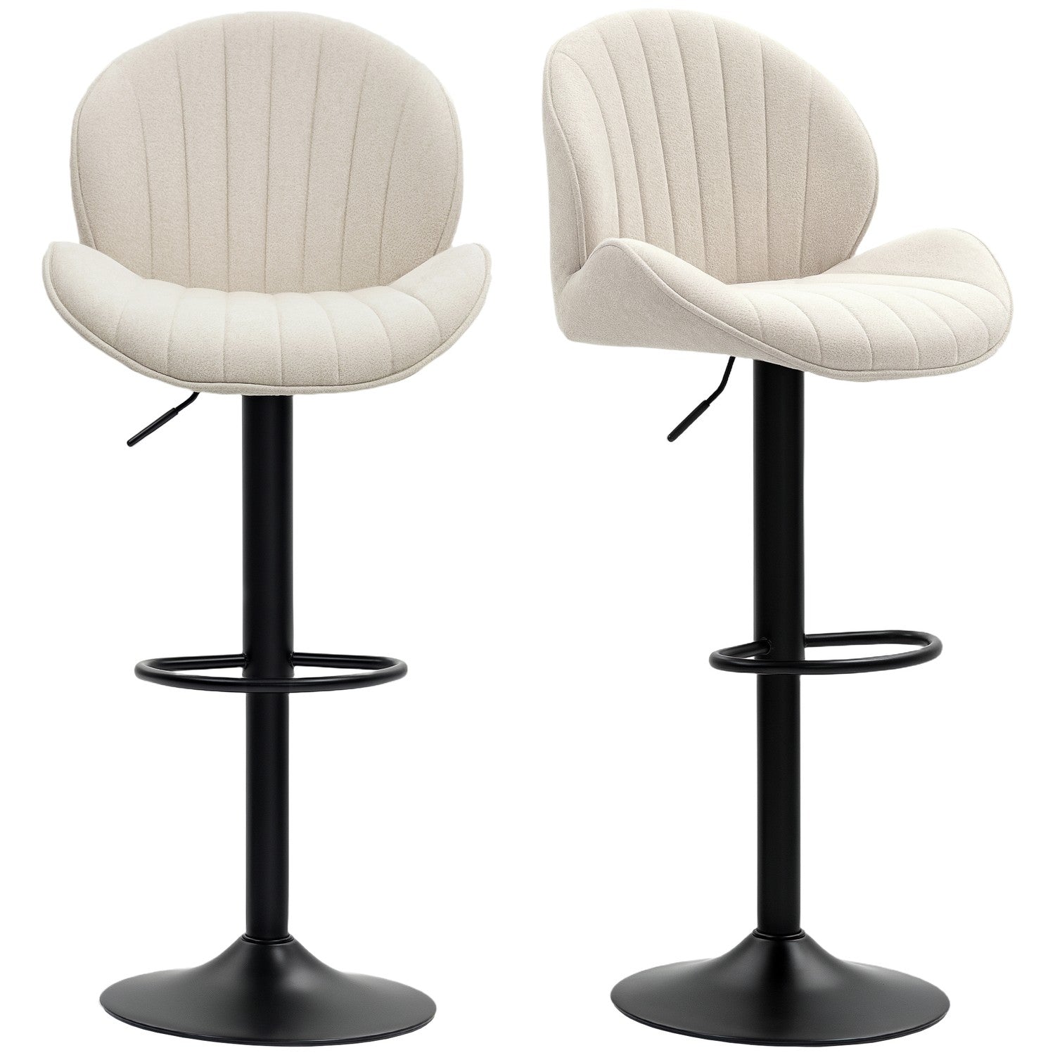 Set med 2 skalformade barstolar med justerbart ryggstöd och fotstöd, stålram, beige