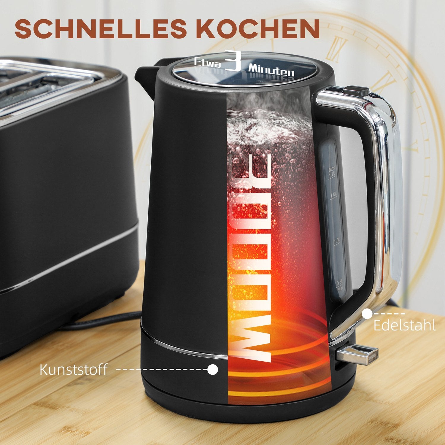 Sada rychlovarné konvice a toustovače – 2200W, 1,7L, 6 úrovní opečení, černá