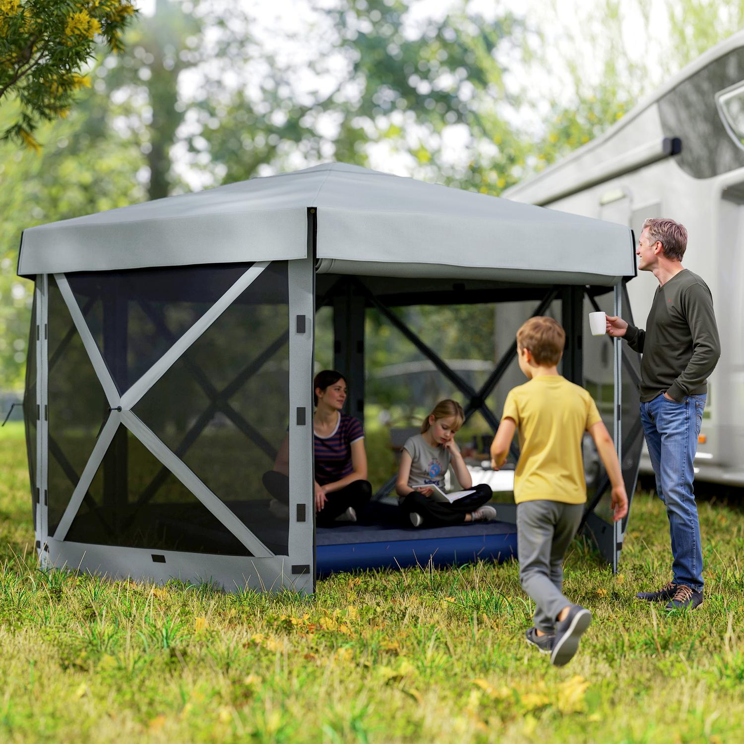 Šestihranný rozkládací altán 3,6 × 3 m, voděodolný stan s UV30+