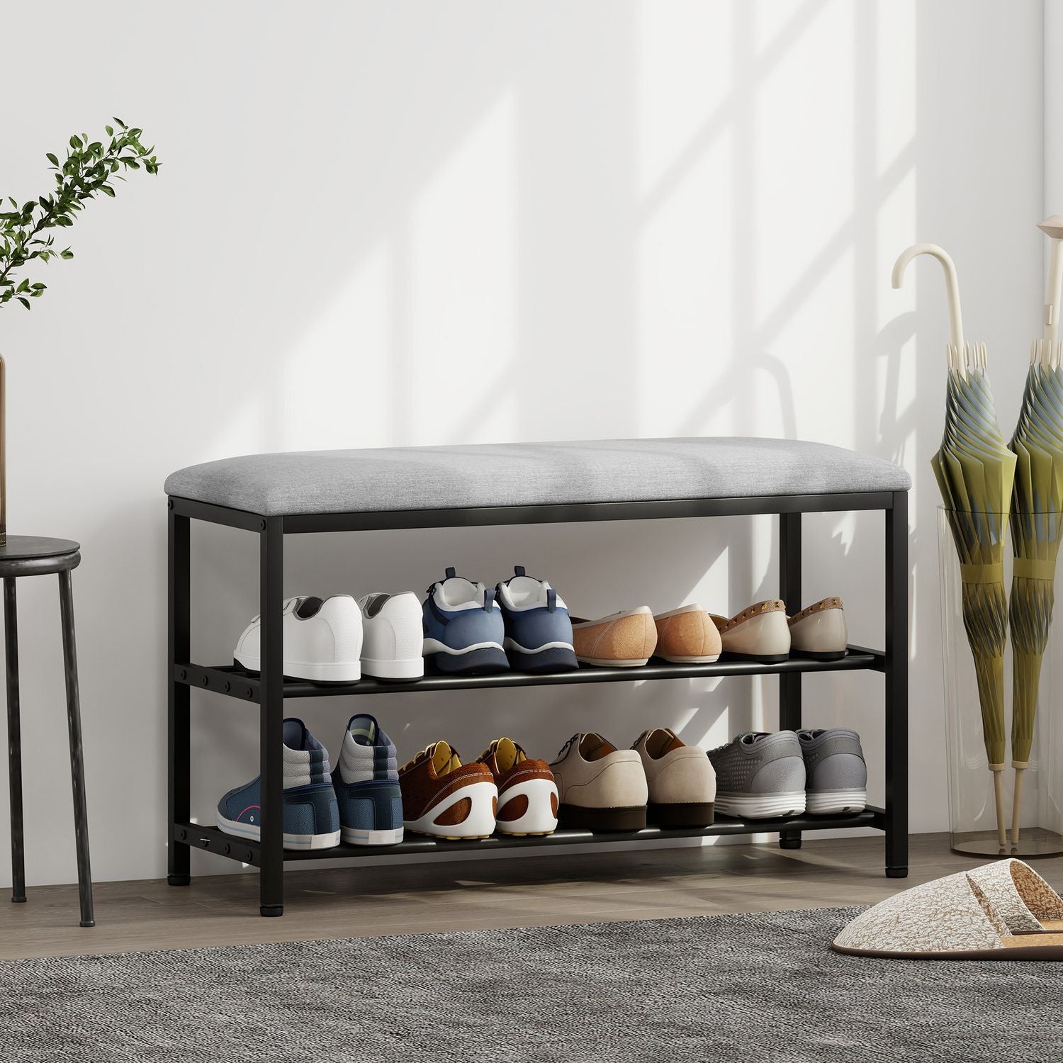 Sitzbank mit Staurum, Schuhregal, Schwarz, 81x31x50 cm