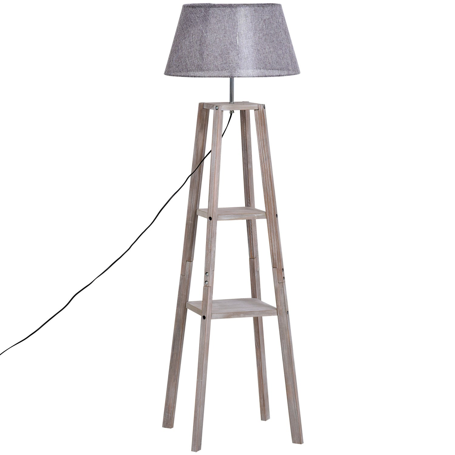 Skandinavisk golvlampa med hylla, furu & linne