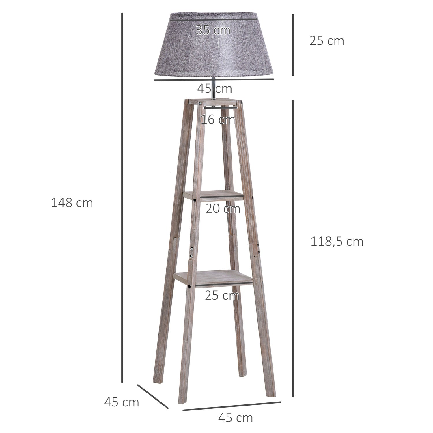 Skandinavisk golvlampa med hylla, furu & linne