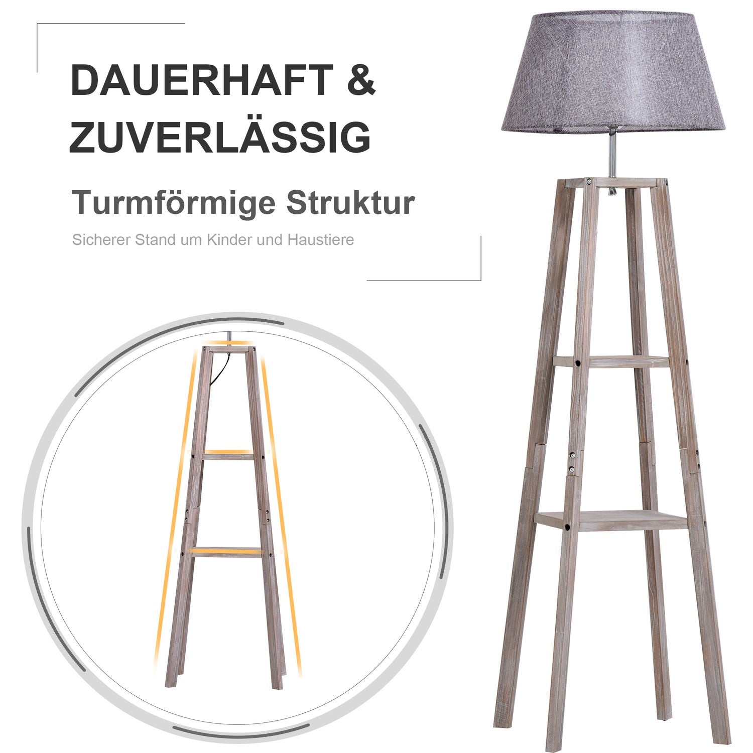 Skandinavisk golvlampa med hylla, furu & linne
