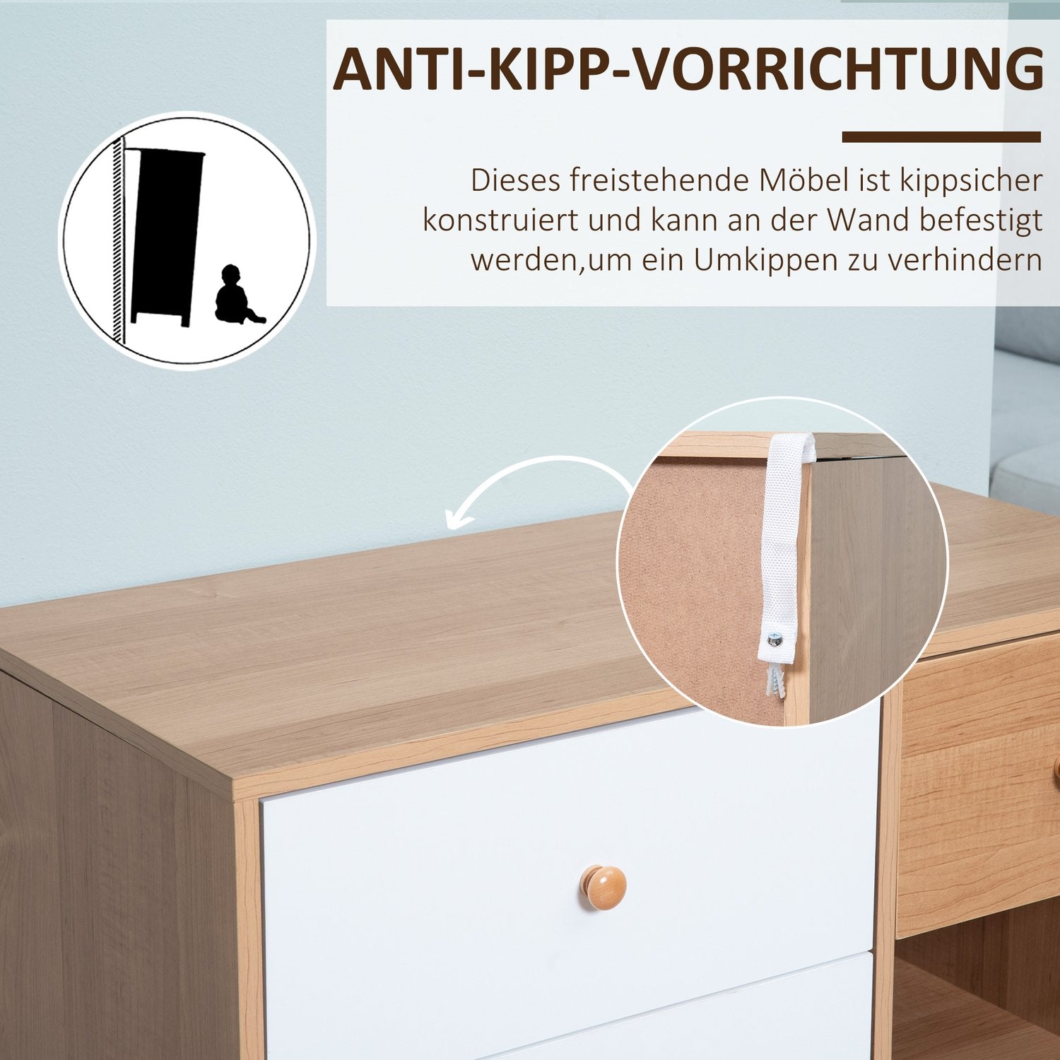 Skandinavisk skänk med 4 lådor, 2 hyllor, naturligt trä