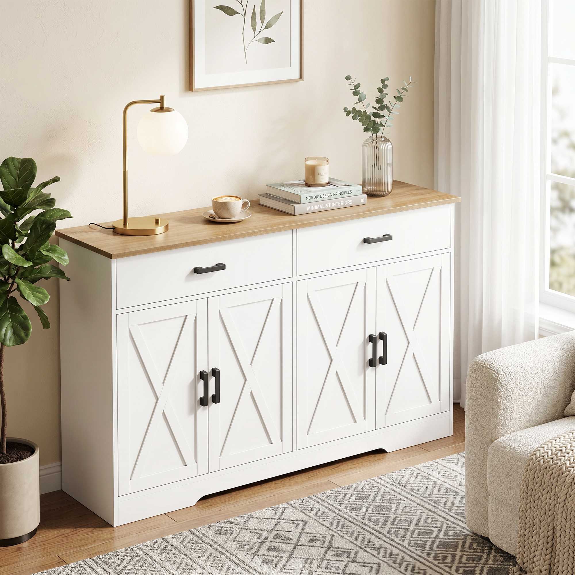 Skänk i lantlig stil, buffé, 140 cm, 2 lådor, vit