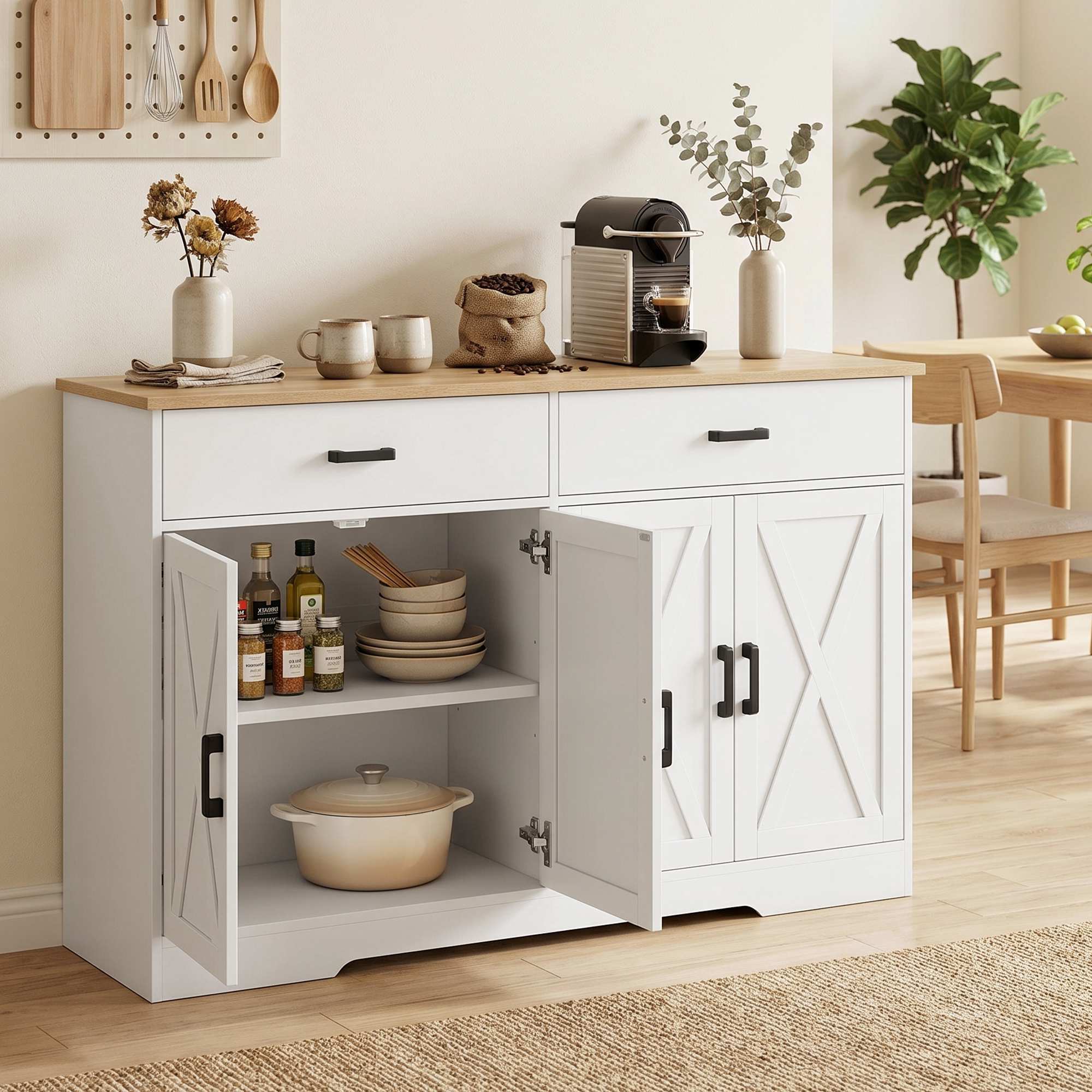 Skänk i lantlig stil, buffé, 140 cm, 2 lådor, vit