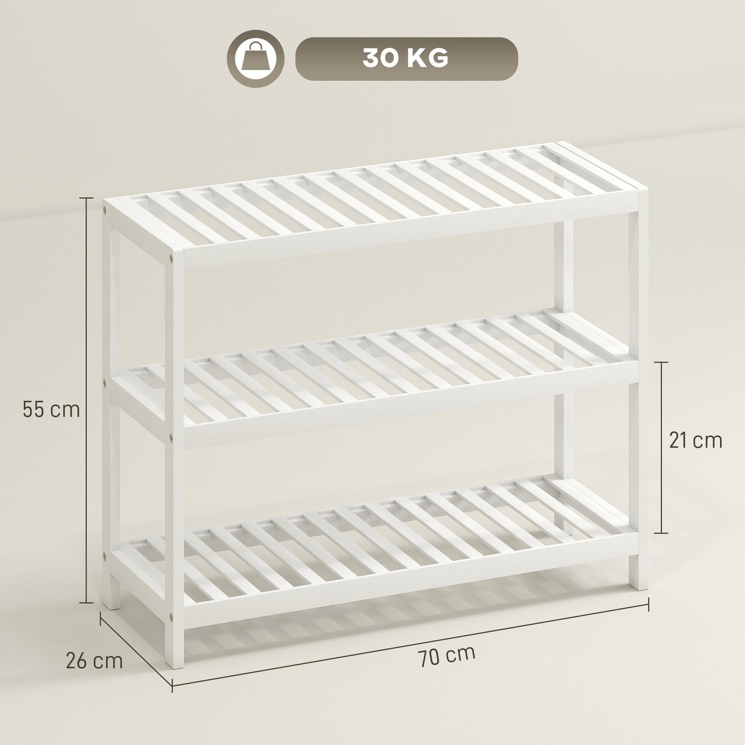 Skoställ i bambu, 3-vånings, vit finish, 70x26x55 cm