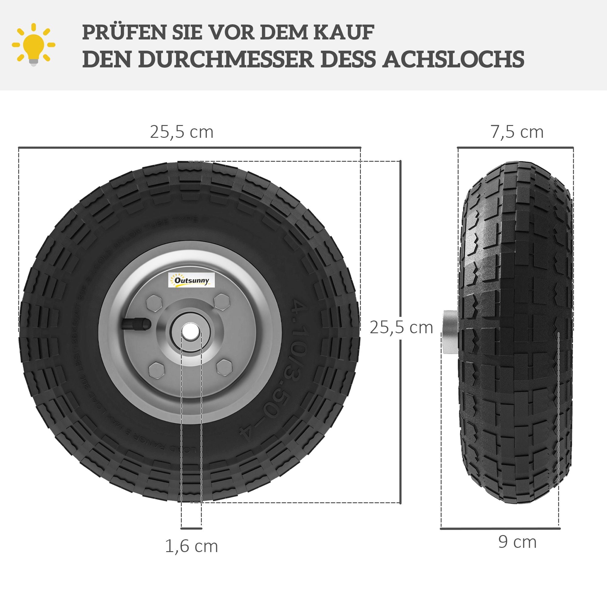 Skottkärrahjulset med 4, massivt gummi, 80 kg, Ø255 mm
