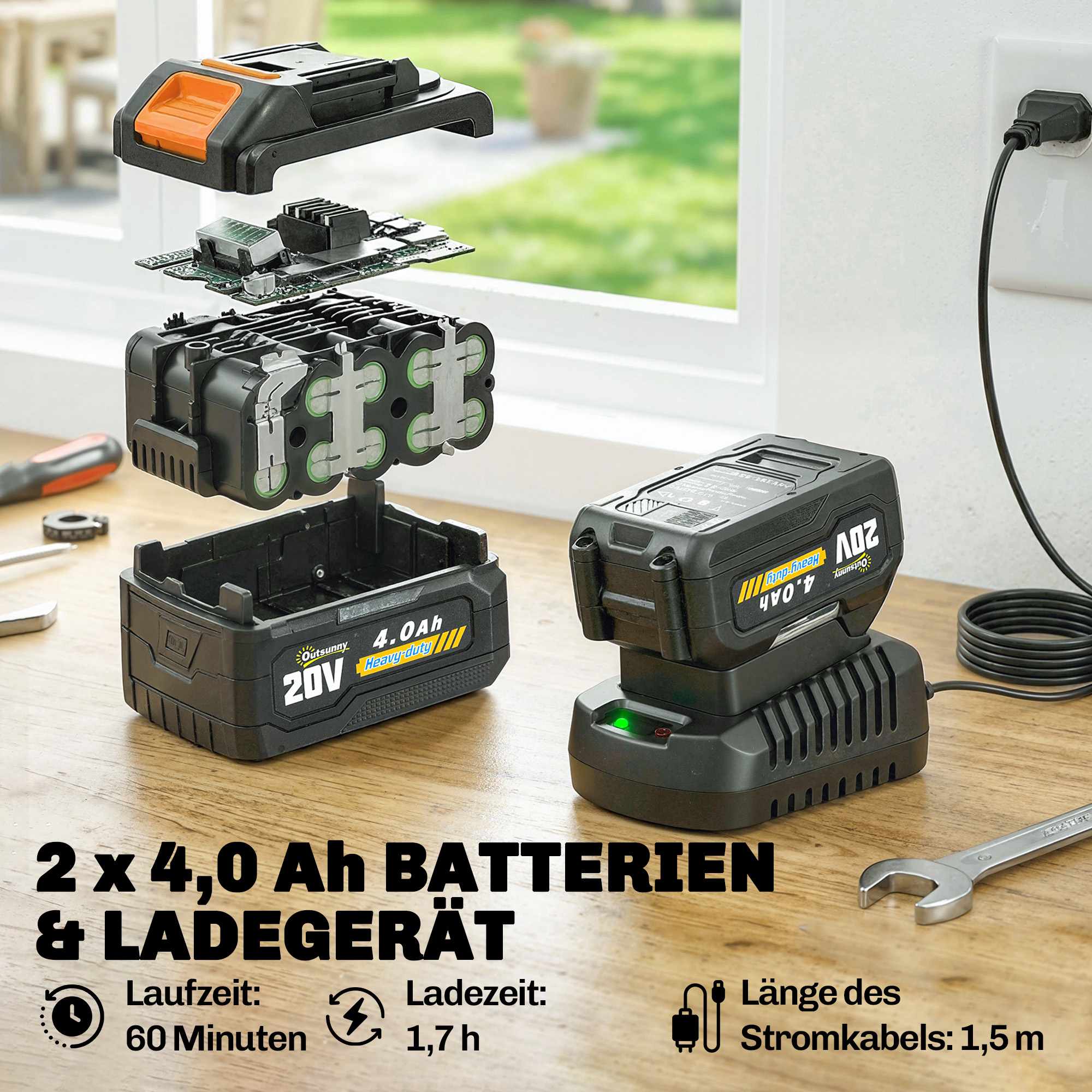 Sladdlös grästrimmer 21V, 25 cm klippbredd, 2x4,0Ah batterier