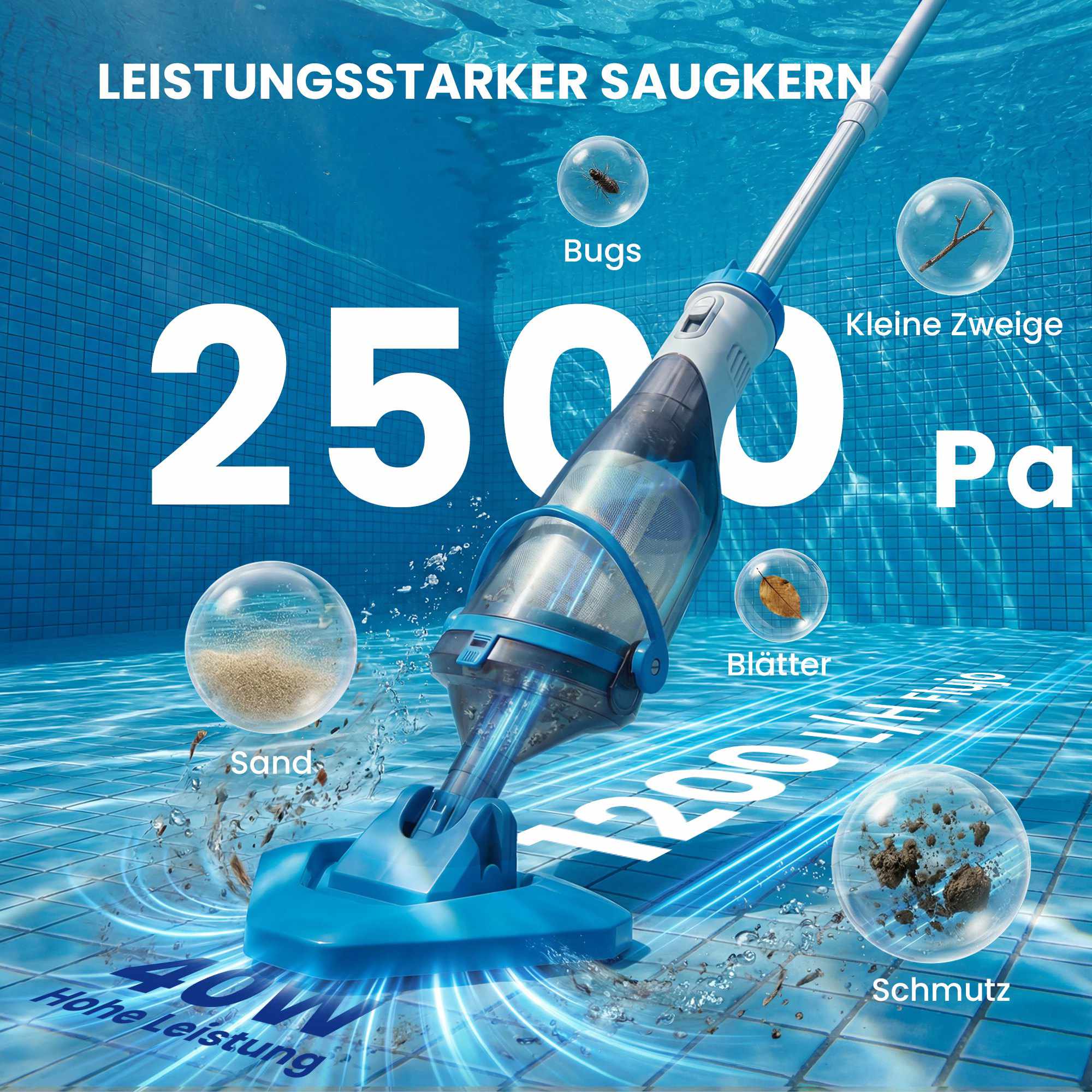 Sladdlös pooldammsugare, 40W motor, teleskopstång