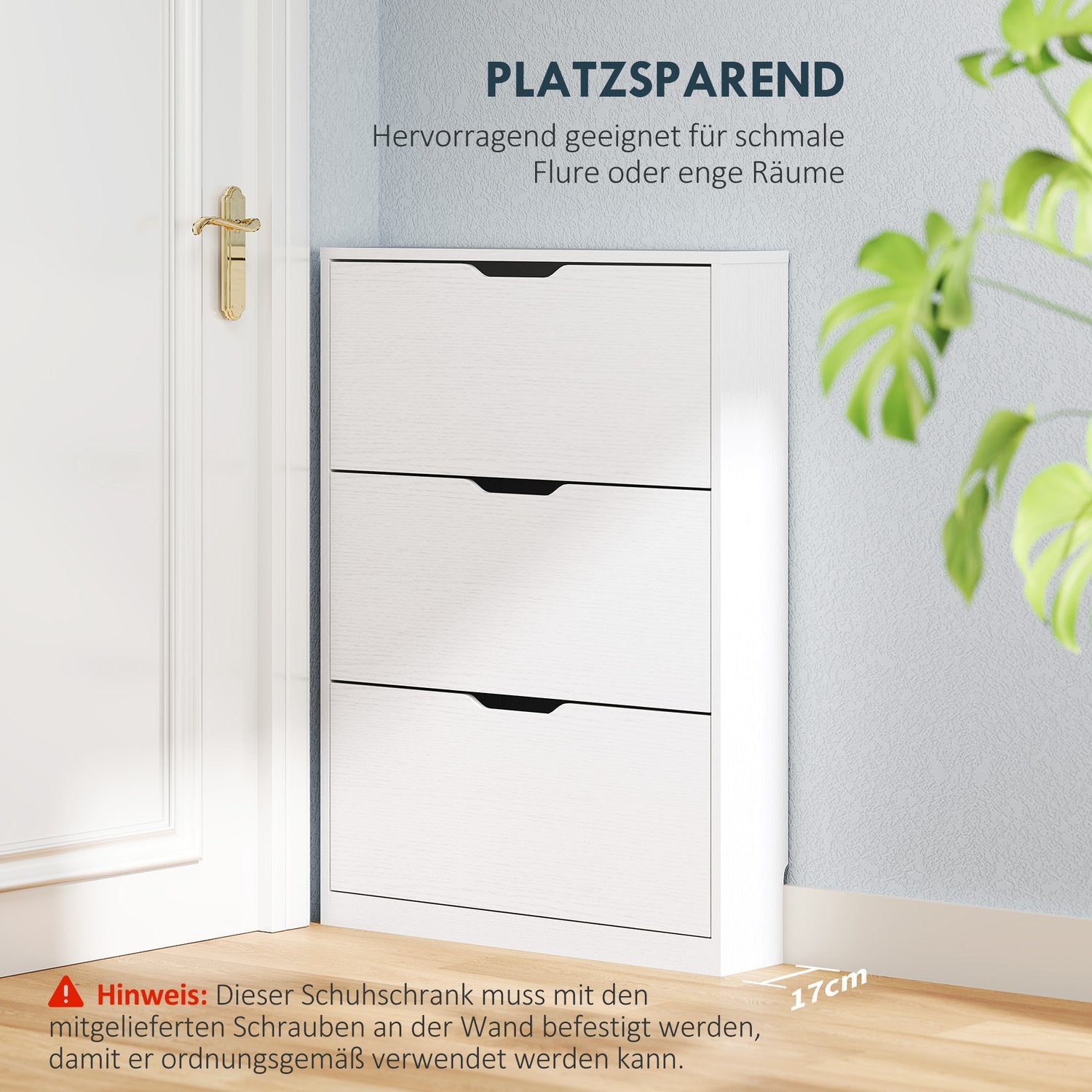 Smalt vitt skoskåp för 9-12 par, 3 klaffar, 80x17x108 cm