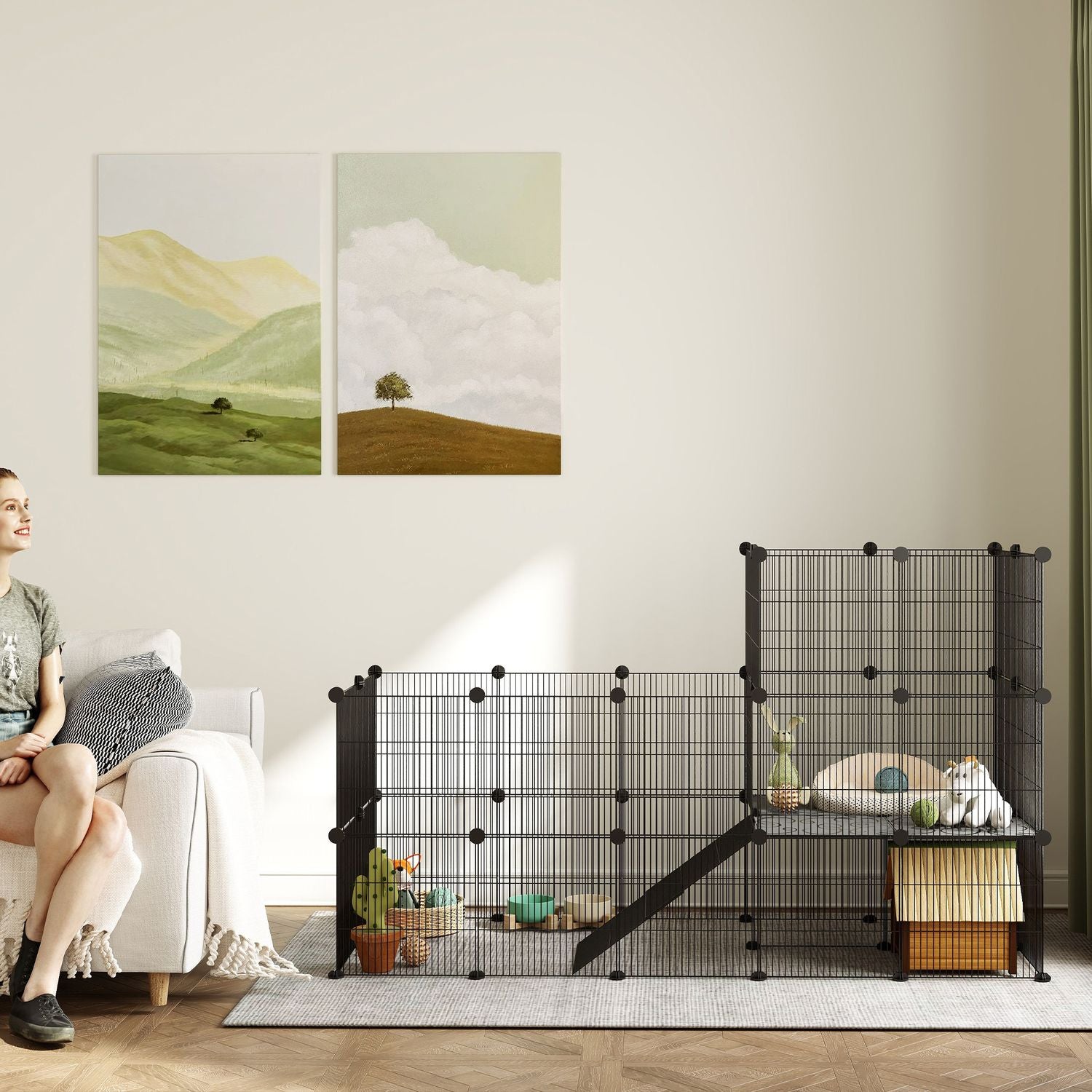 Smådjursbur utomhus med ramp, 39 paneler, 140x70x105 cm