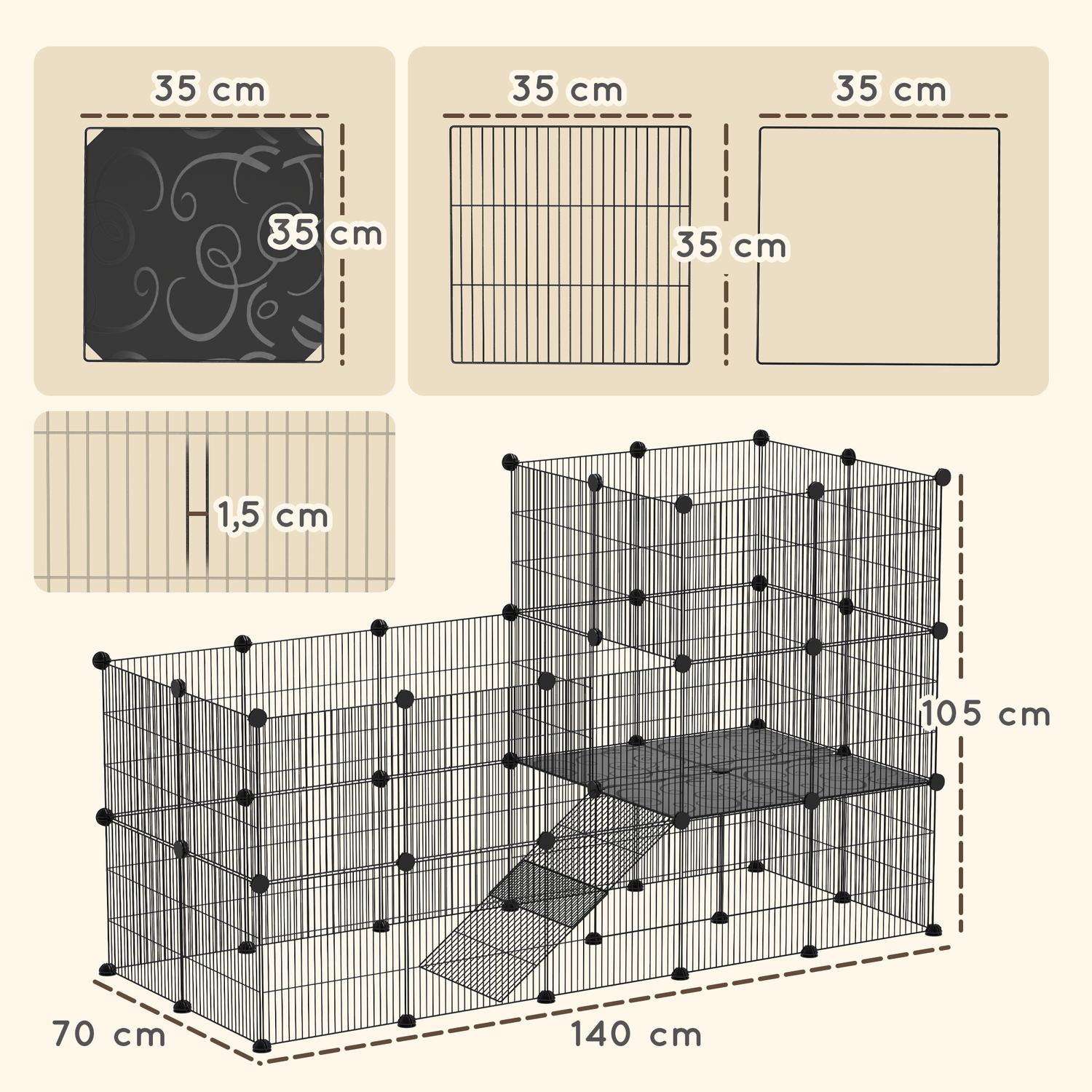 Smådjursbur utomhus med ramp, 39 paneler, 140x70x105 cm