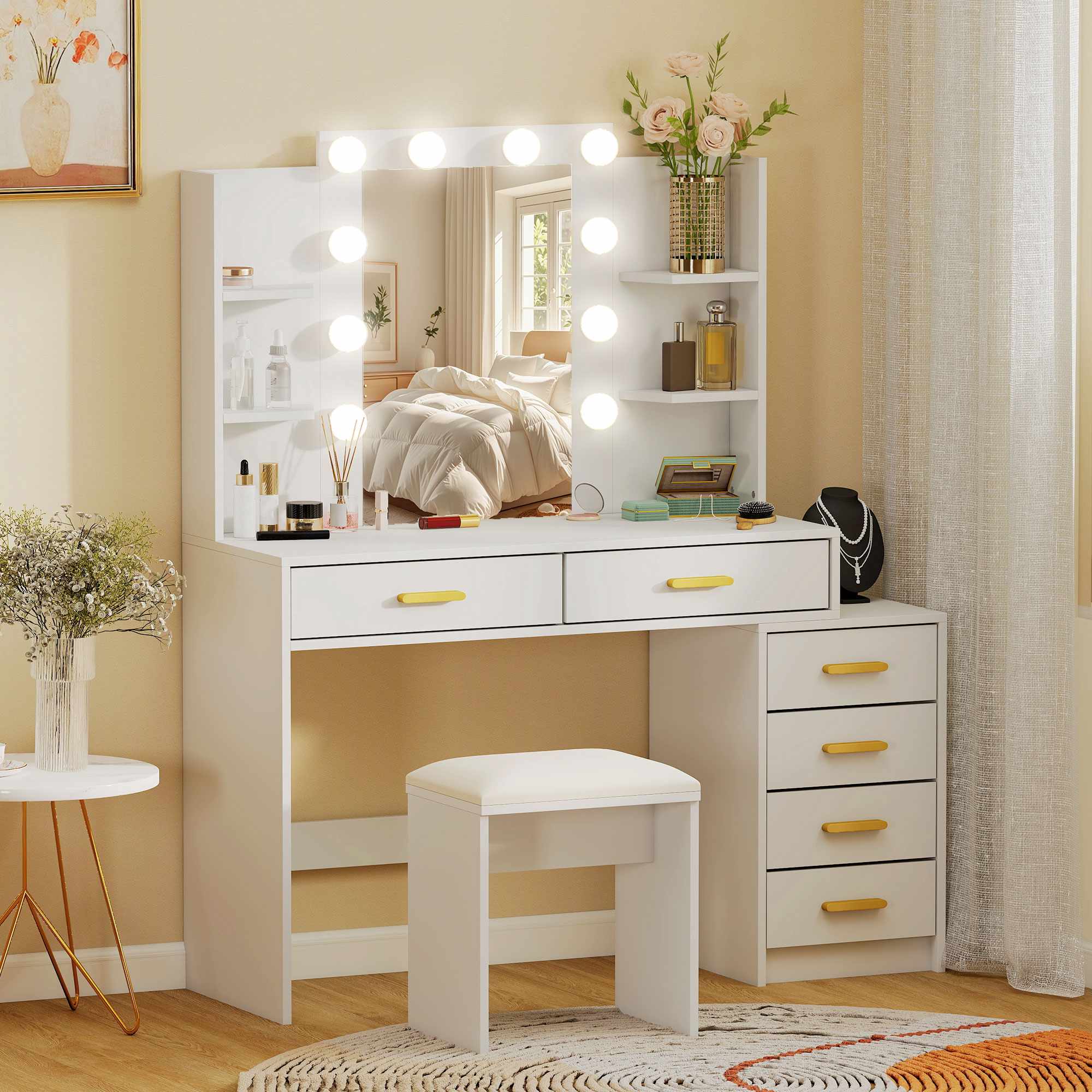 Sminkbord med LED-spegel och stoppad pall, vit