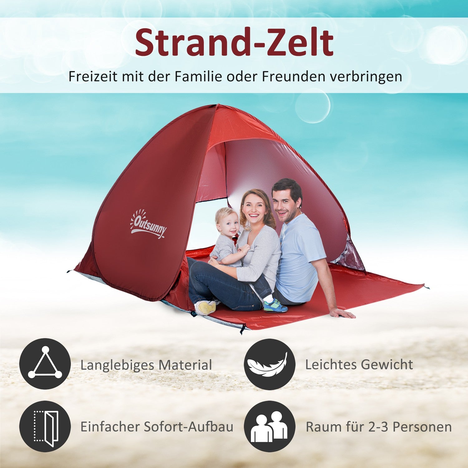 Snabbmontering Pop-Up strandtält, rött, 200x150x119cm