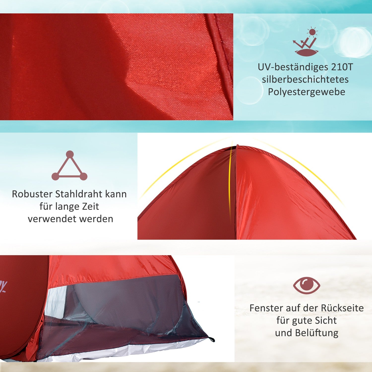 Snabbmontering Pop-Up strandtält, rött, 200x150x119cm