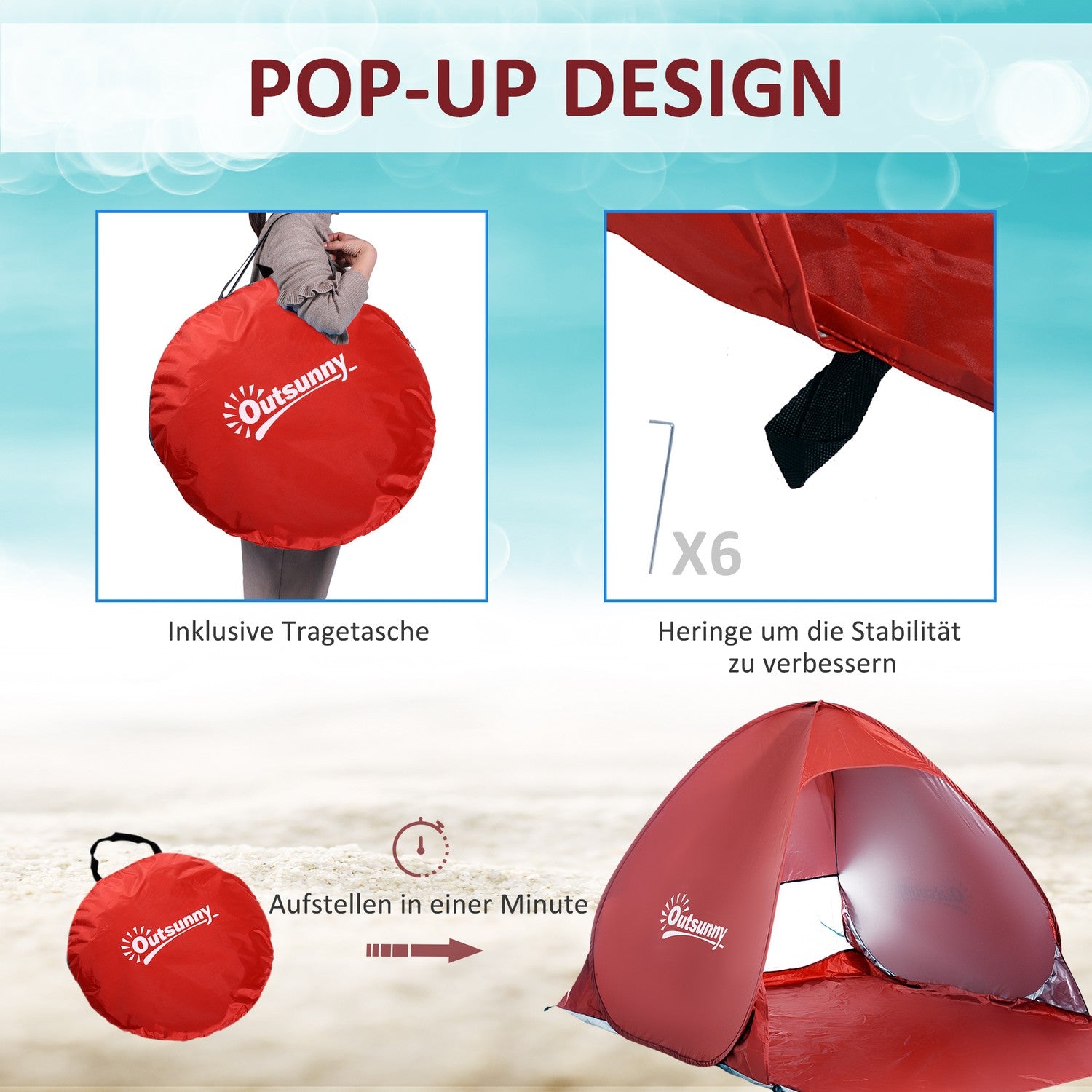 Snabbmontering Pop-Up strandtält, rött, 200x150x119cm