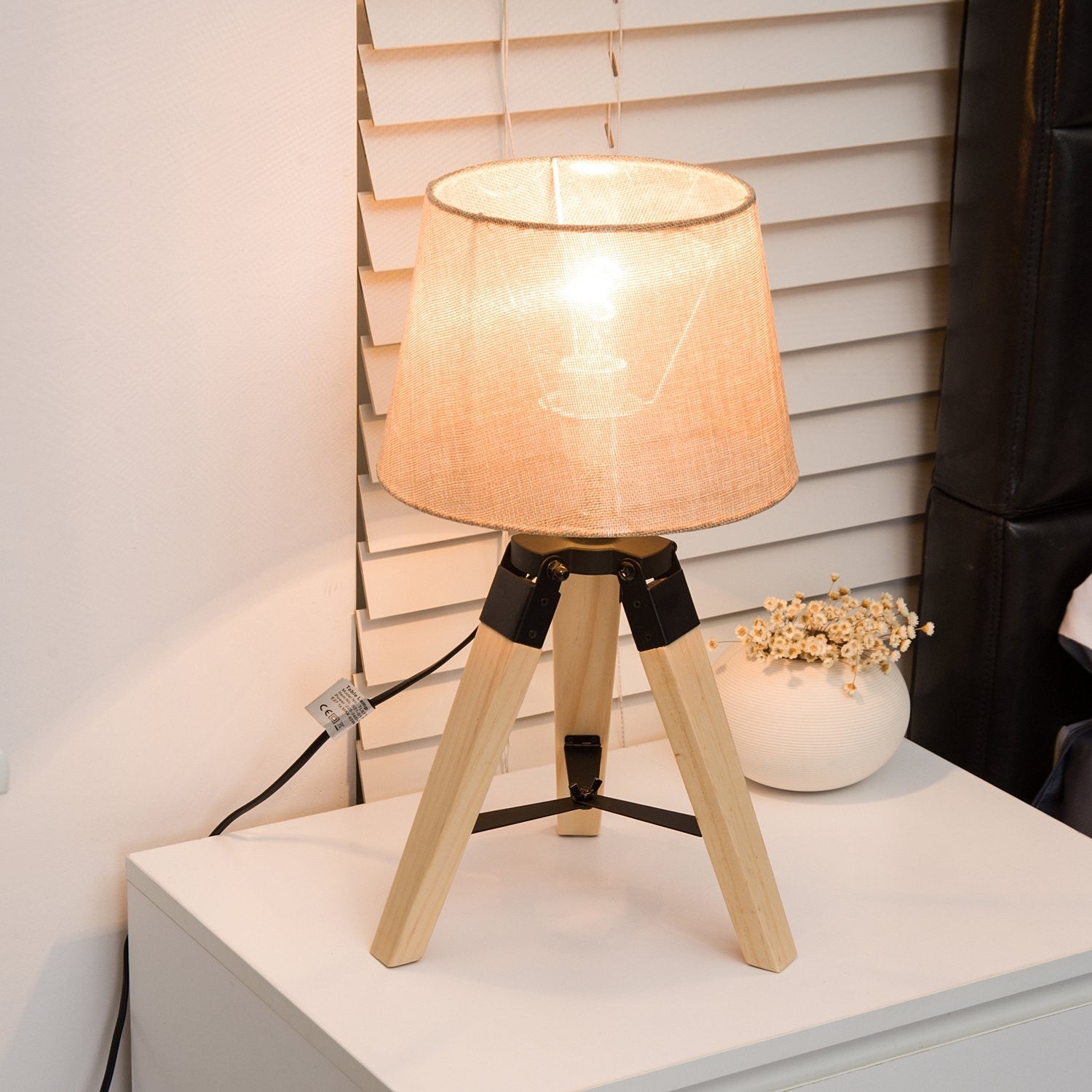 Sängbordslampa, beige linnelook, 45cm
