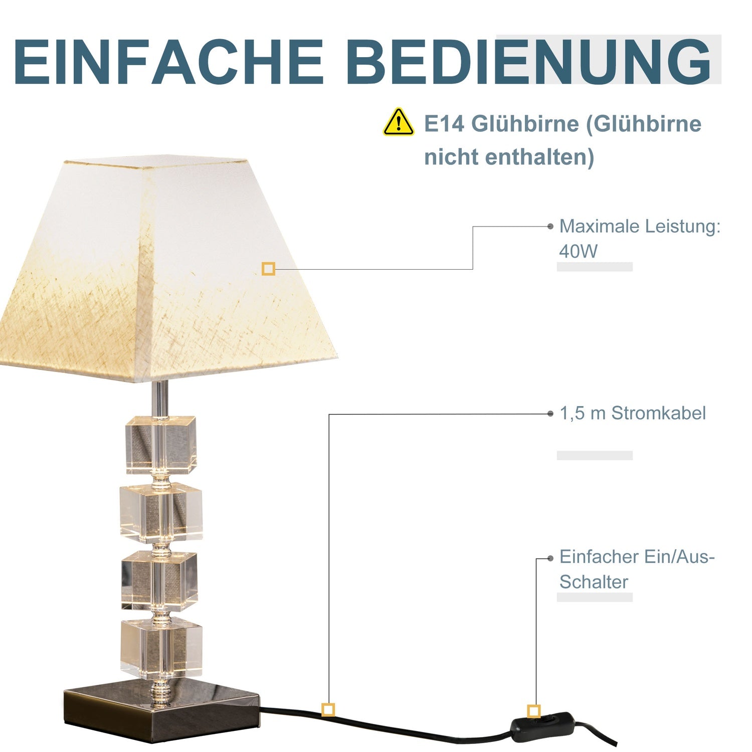 Sängbordslampa, roterande kristallkub, gräddvit