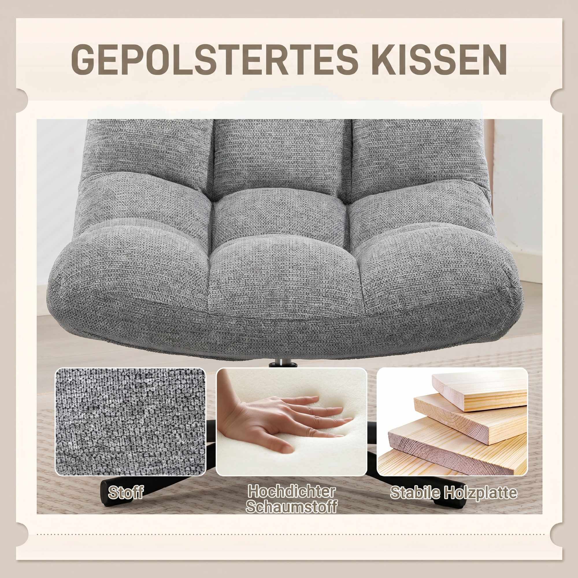 Snurrfåtölj, armlös bred sits, grå chenille