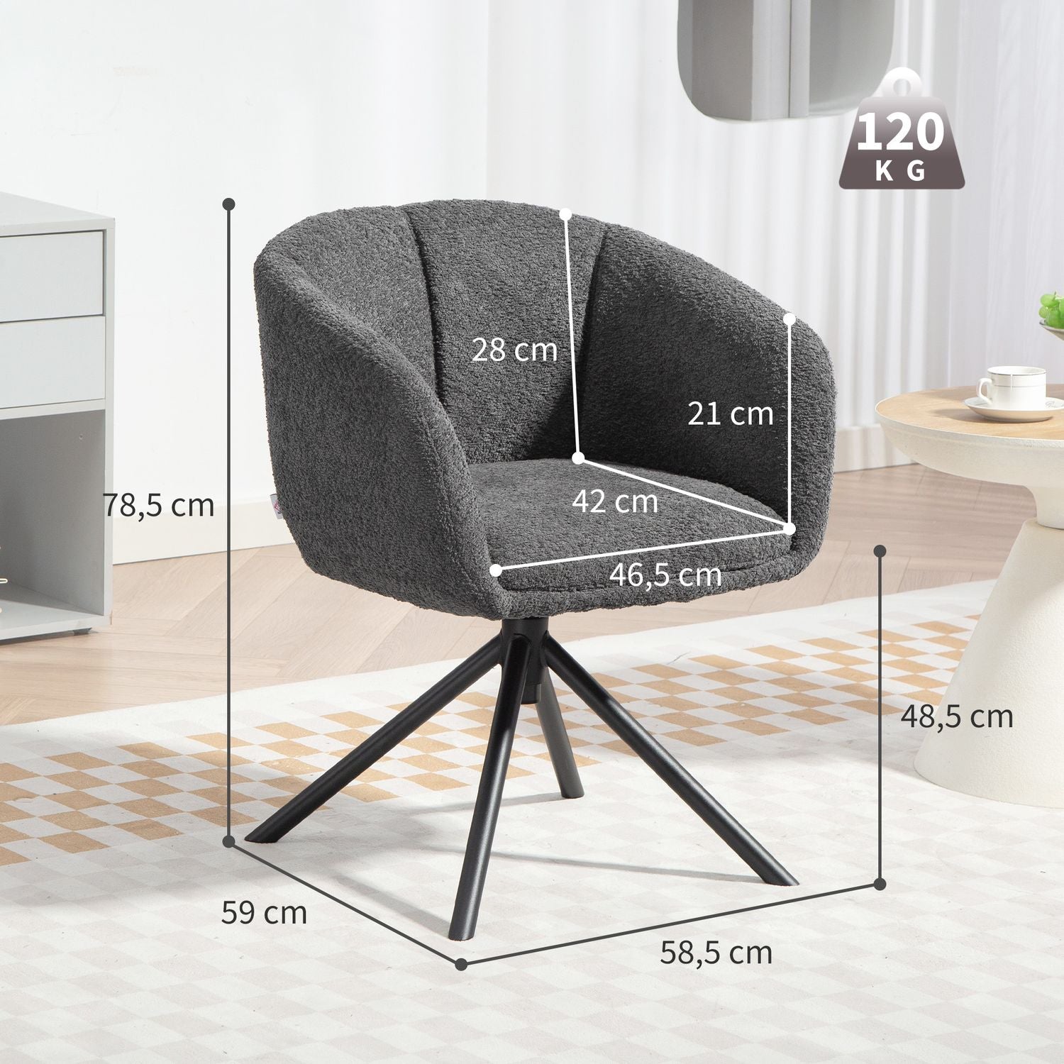Snurrfåtölj, bekväm sits, mörkgrå, 120 kg kapacitet