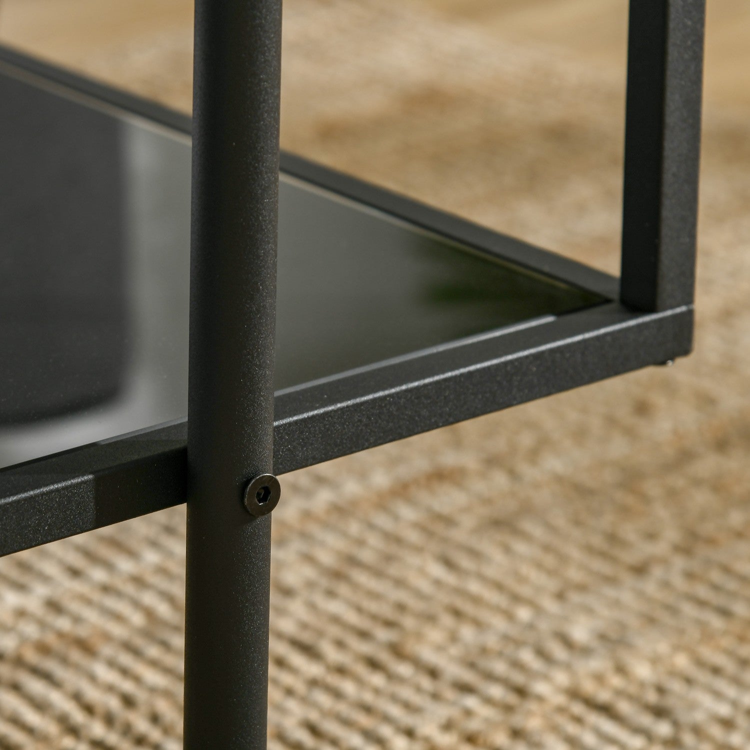 Soffbord i svart stål, härdat glas, 2 hyllplan