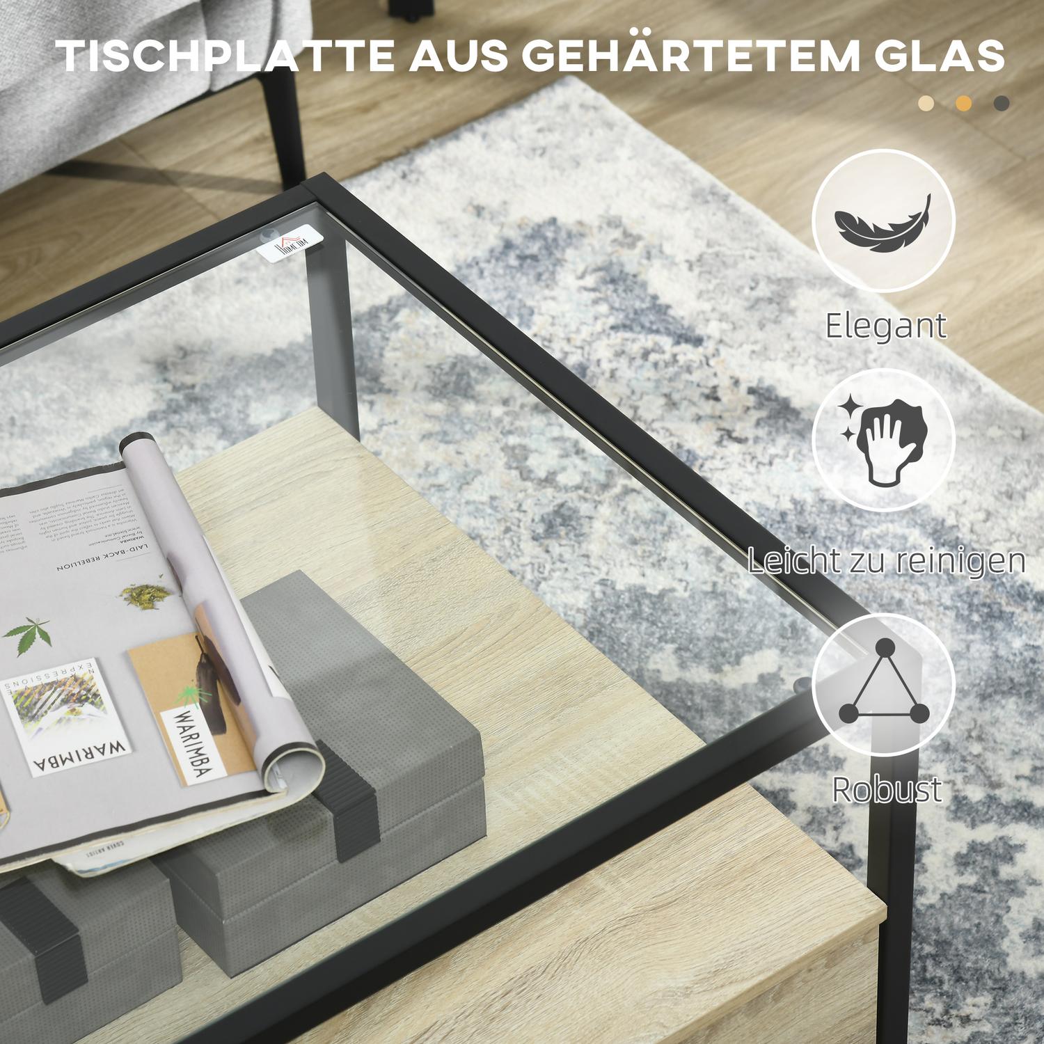 Soffbord med låda & glasskiva – Ek & Stål