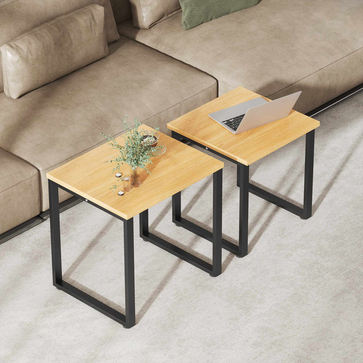 Sada 2 konferenčních stolků, vzhled dřeva, kovový rám, stohovatelný design