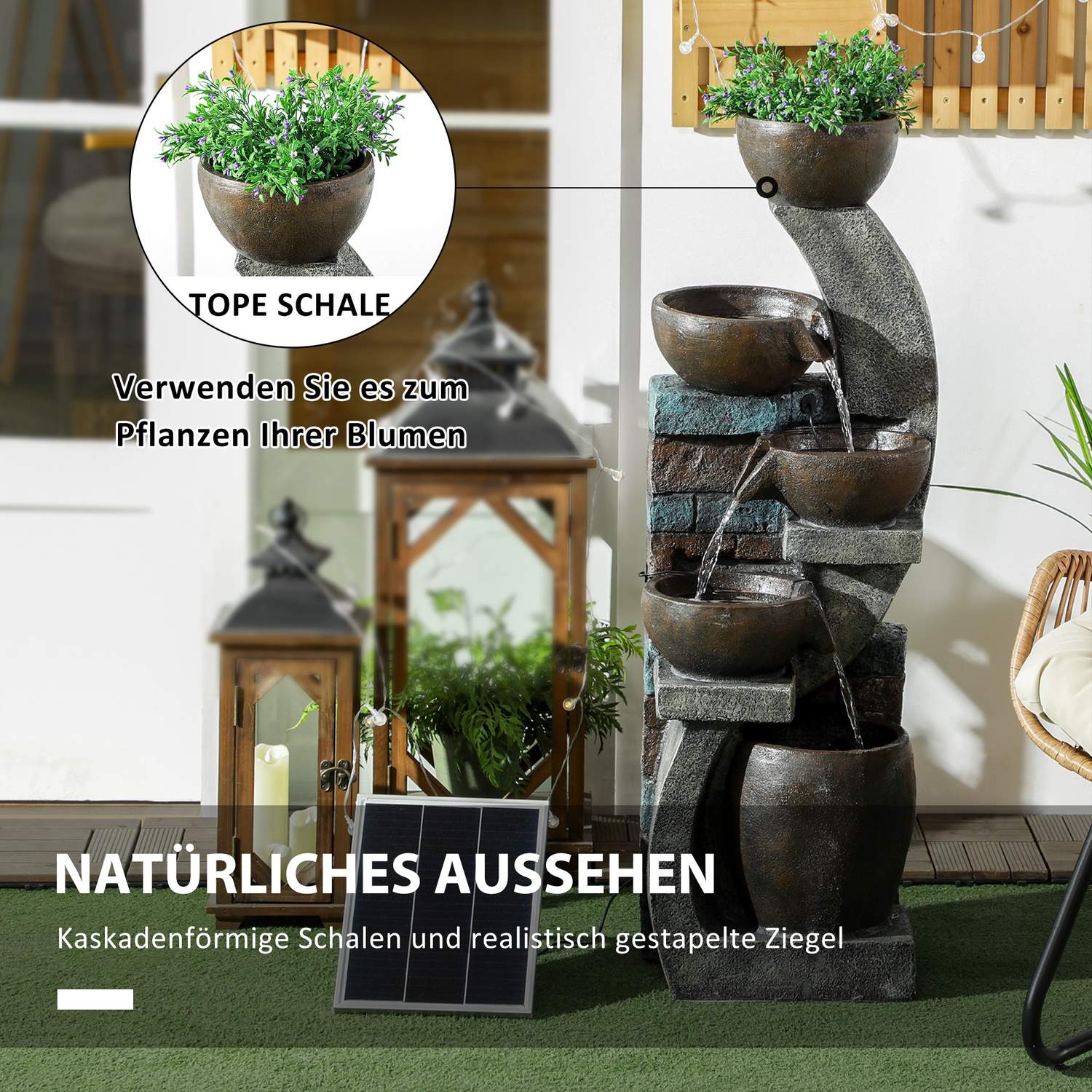 Solární zahradní fontána s LED osvětlením – pryskyřicový design s 5 stupni