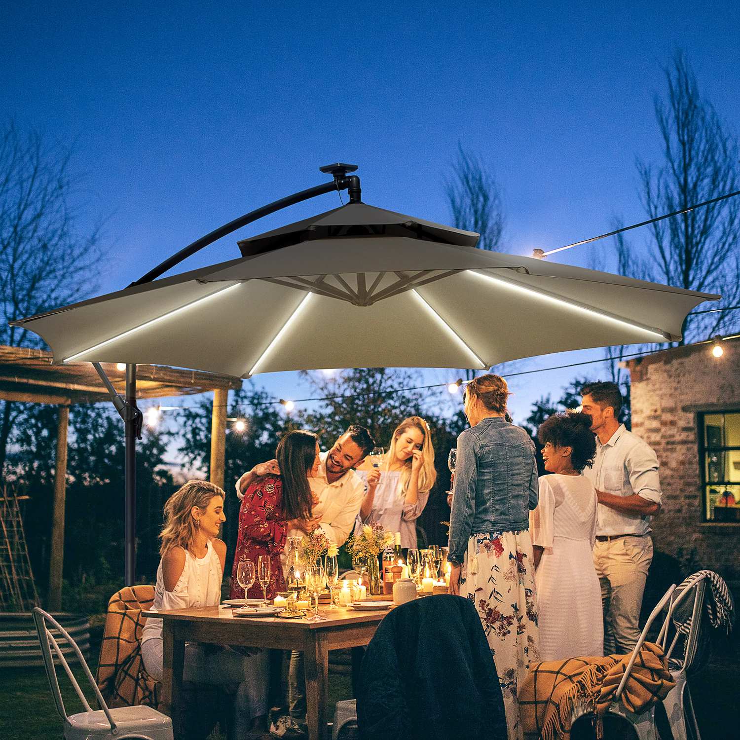 Solar LED Market Parasoll, 295 cm, Vattenavvisande, Ljusgrå