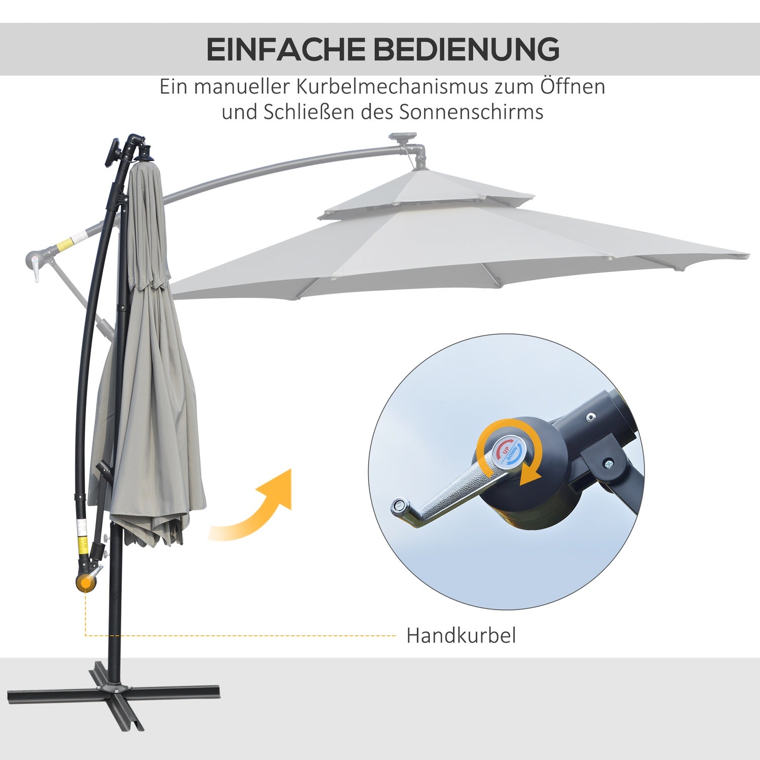 Solar LED Market Parasoll, 295 cm, Vattenavvisande, Ljusgrå