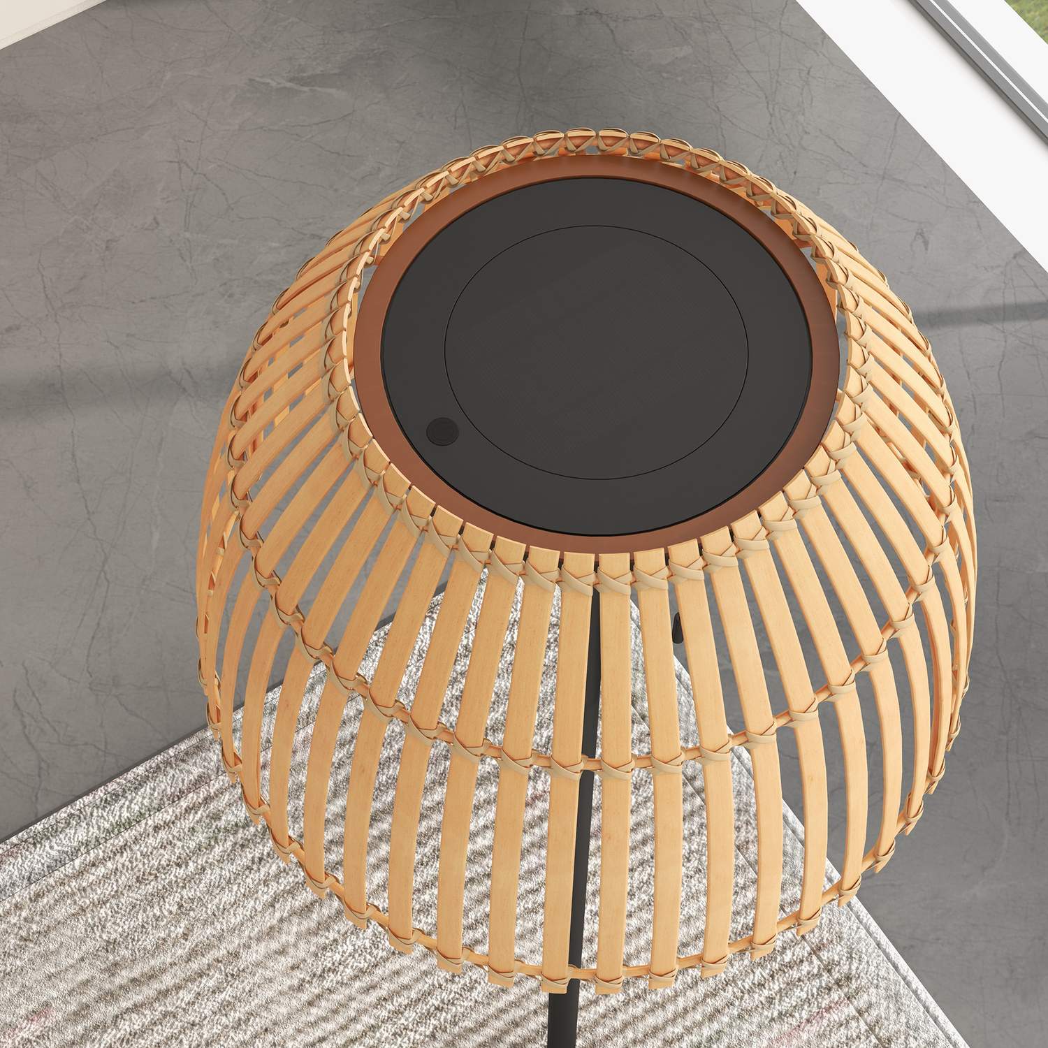 Solární LED stojací lampa – bambusová, stmívatelná, s USB nabíjením