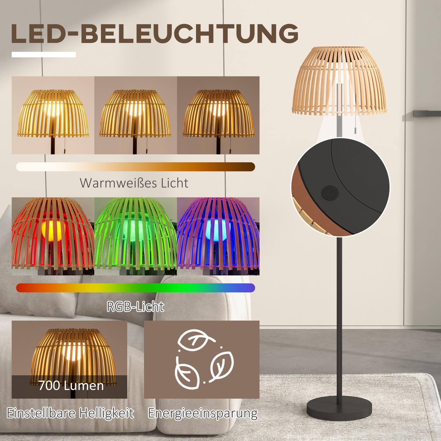 Solární LED stojací lampa – bambusová, stmívatelná, s USB nabíjením