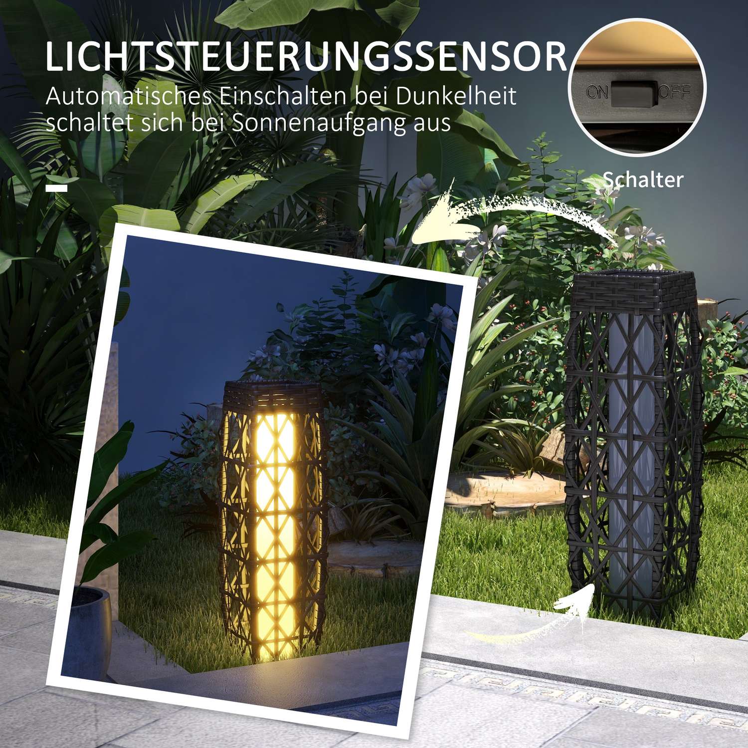 Solární LED zahradní lampa z polyratanu se světelným senzorem, šedá