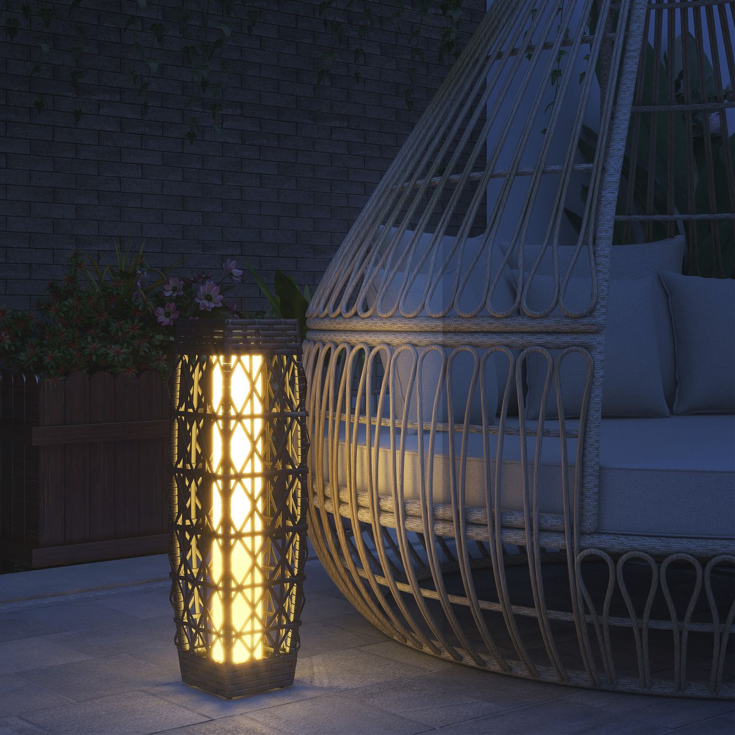 Solární LED zahradní lampa z polyratanu se světelným senzorem, šedá