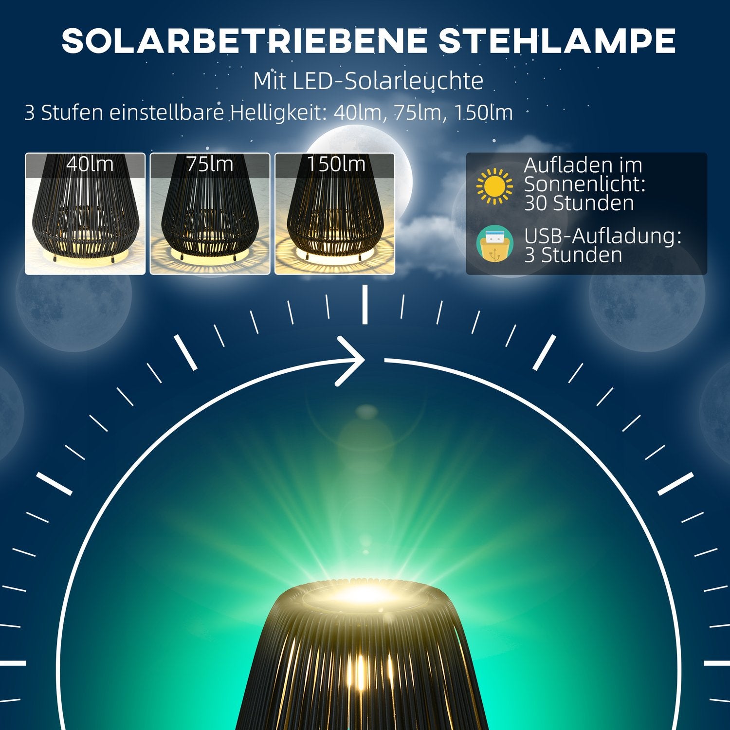 Solární venkovní svítidlo, voděodolné ratanové LED se senzorem, černé