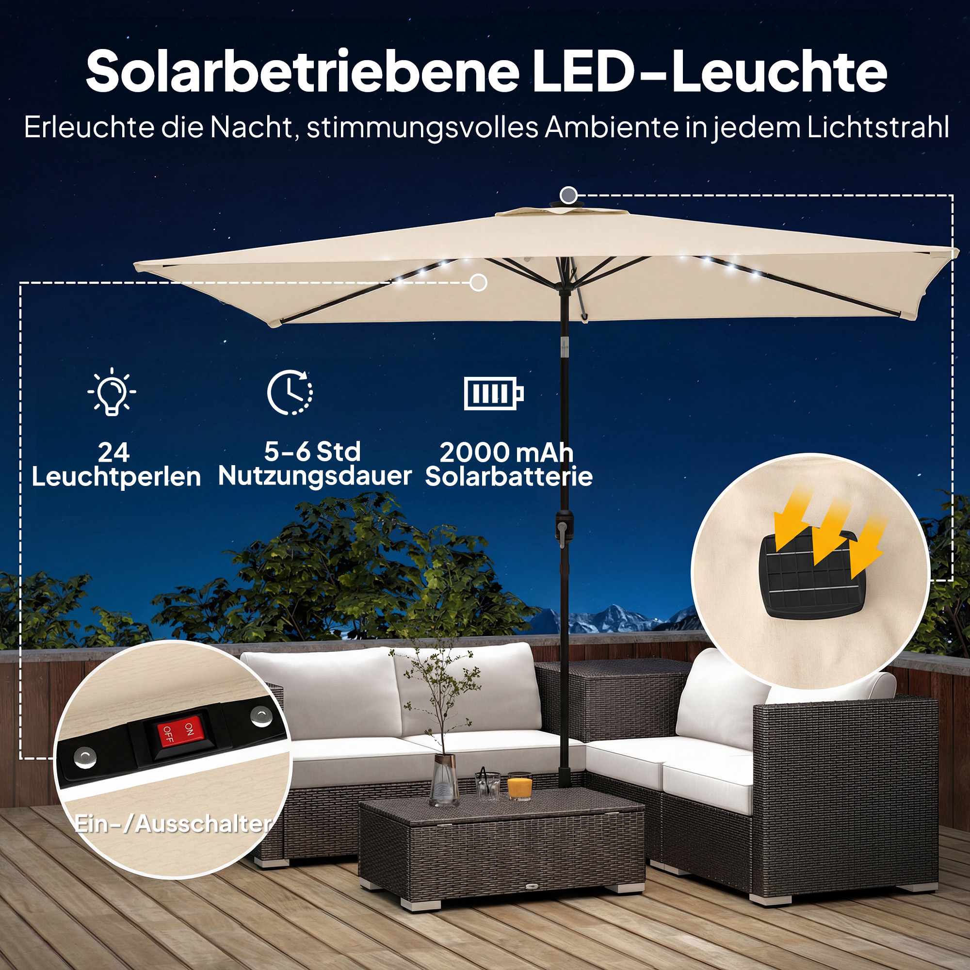 Solcellsdrivet LED-parasoll, krämfärgad, UPF 30+, lutnings- och vevfunktion