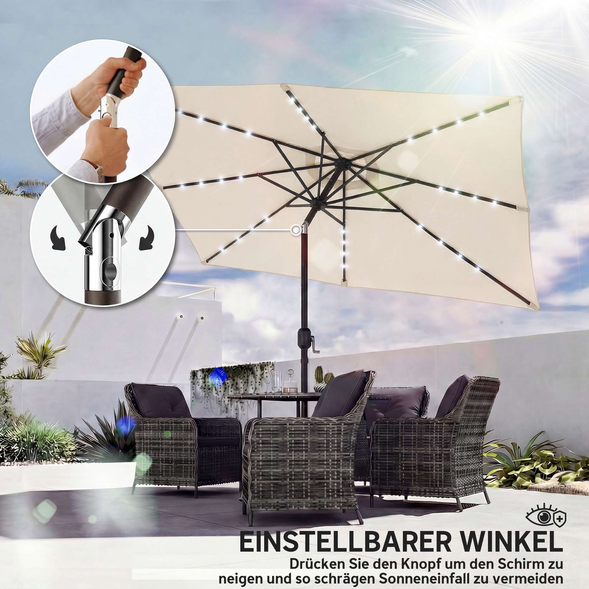 Solcellsdrivet LED-parasoll, krämfärgad, UPF 30+, lutnings- och vevfunktion