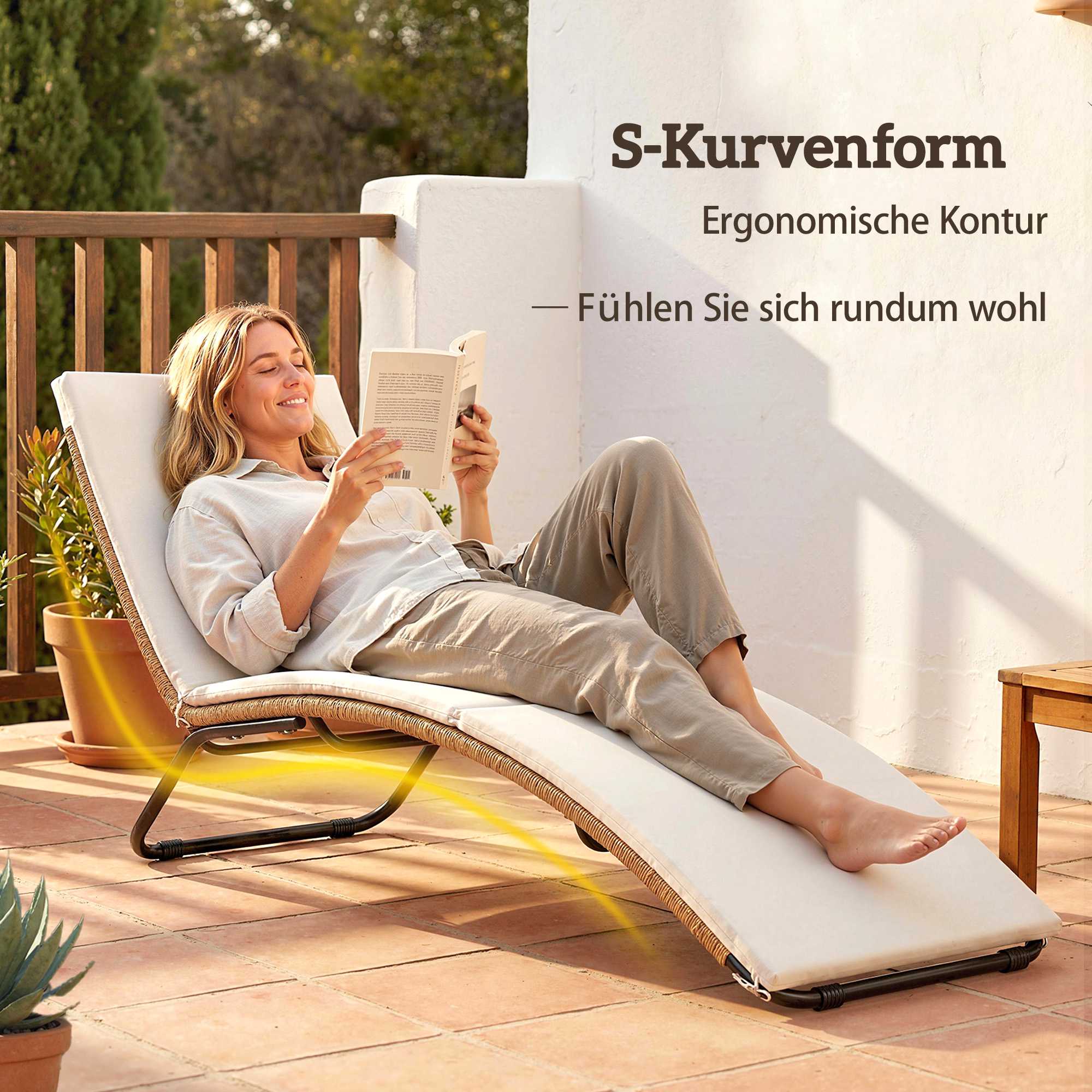 Solsäng i rotting med dyna, ergonomisk S-kurva, 195 cm