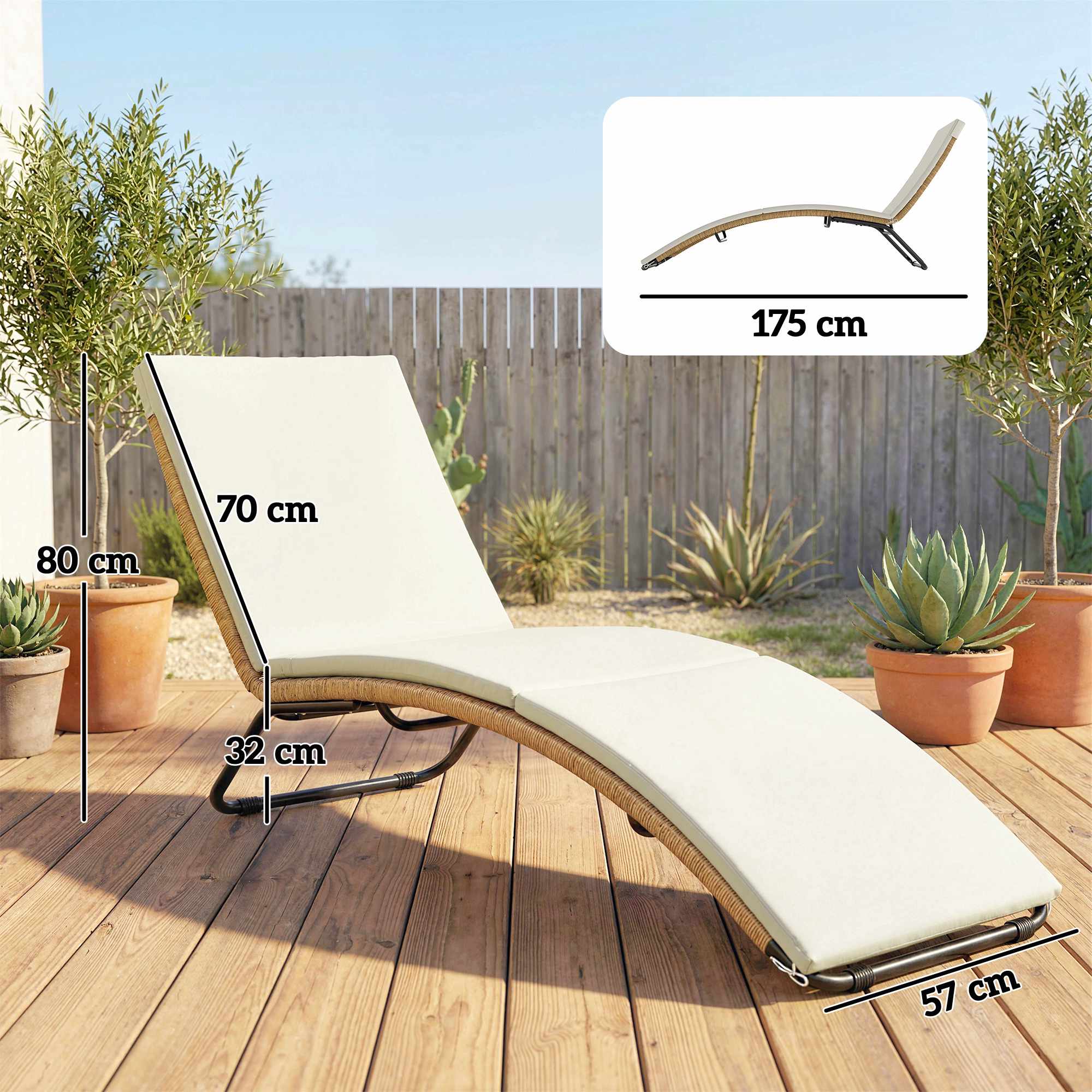 Solsäng i rotting med dyna, ergonomisk S-kurva, 195 cm