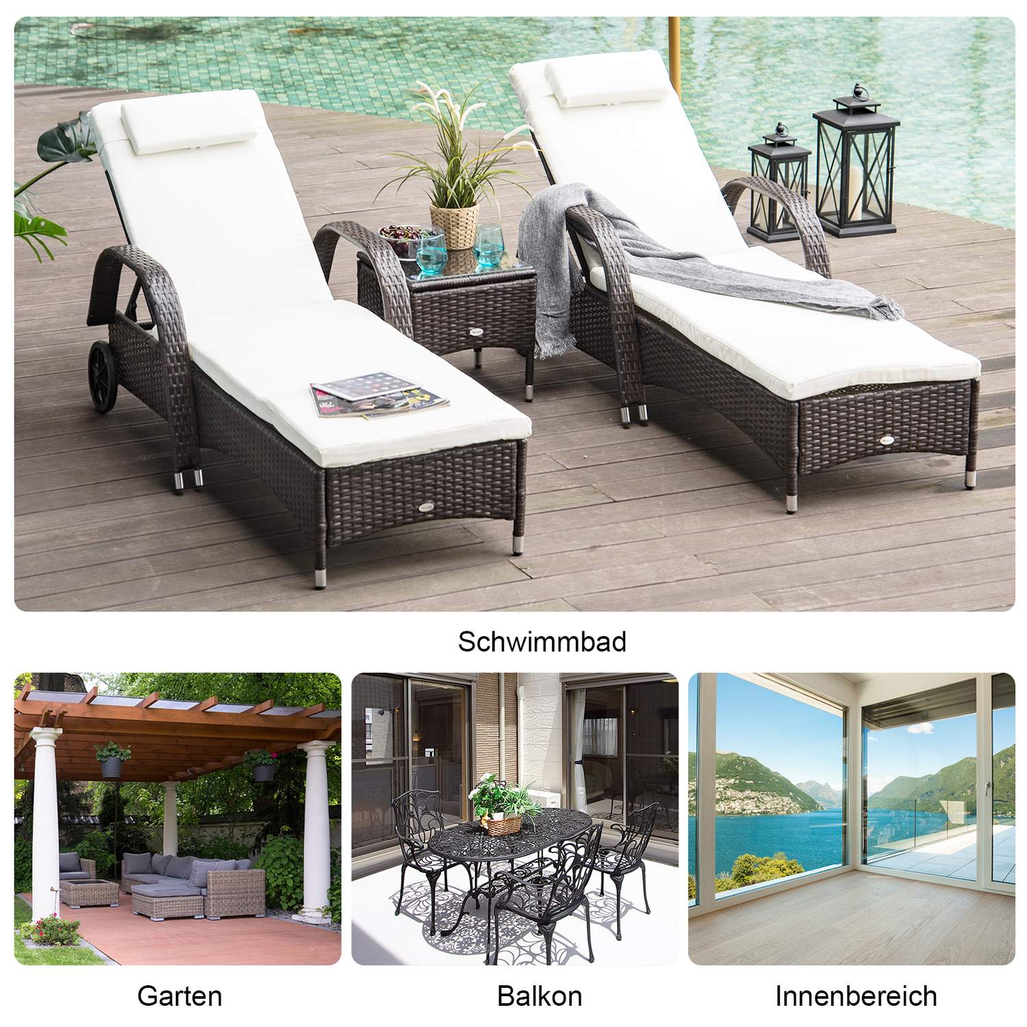 Solstol & bordsset i polyrattan, brun/gräddvit