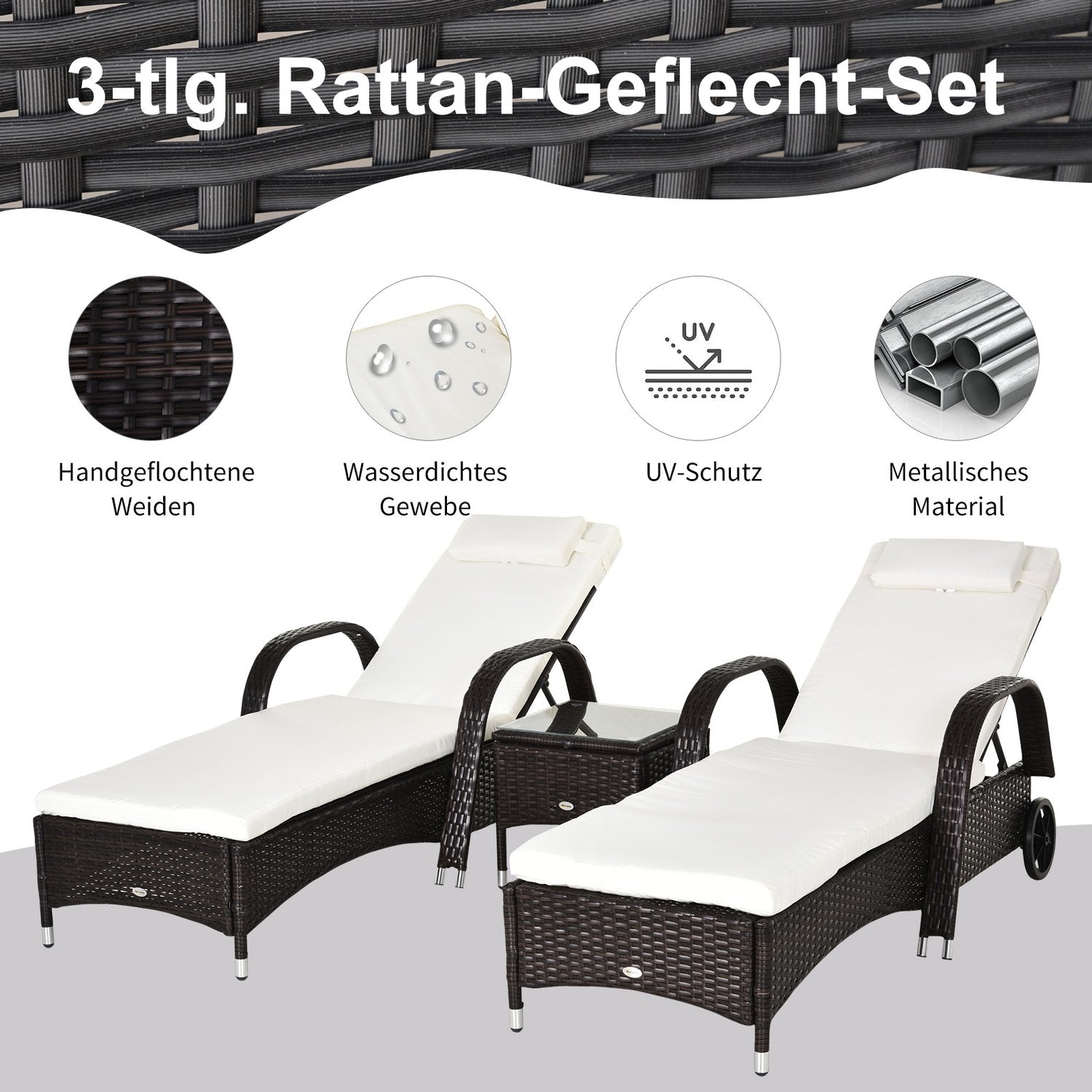Solstol & bordsset i polyrattan, brun/gräddvit