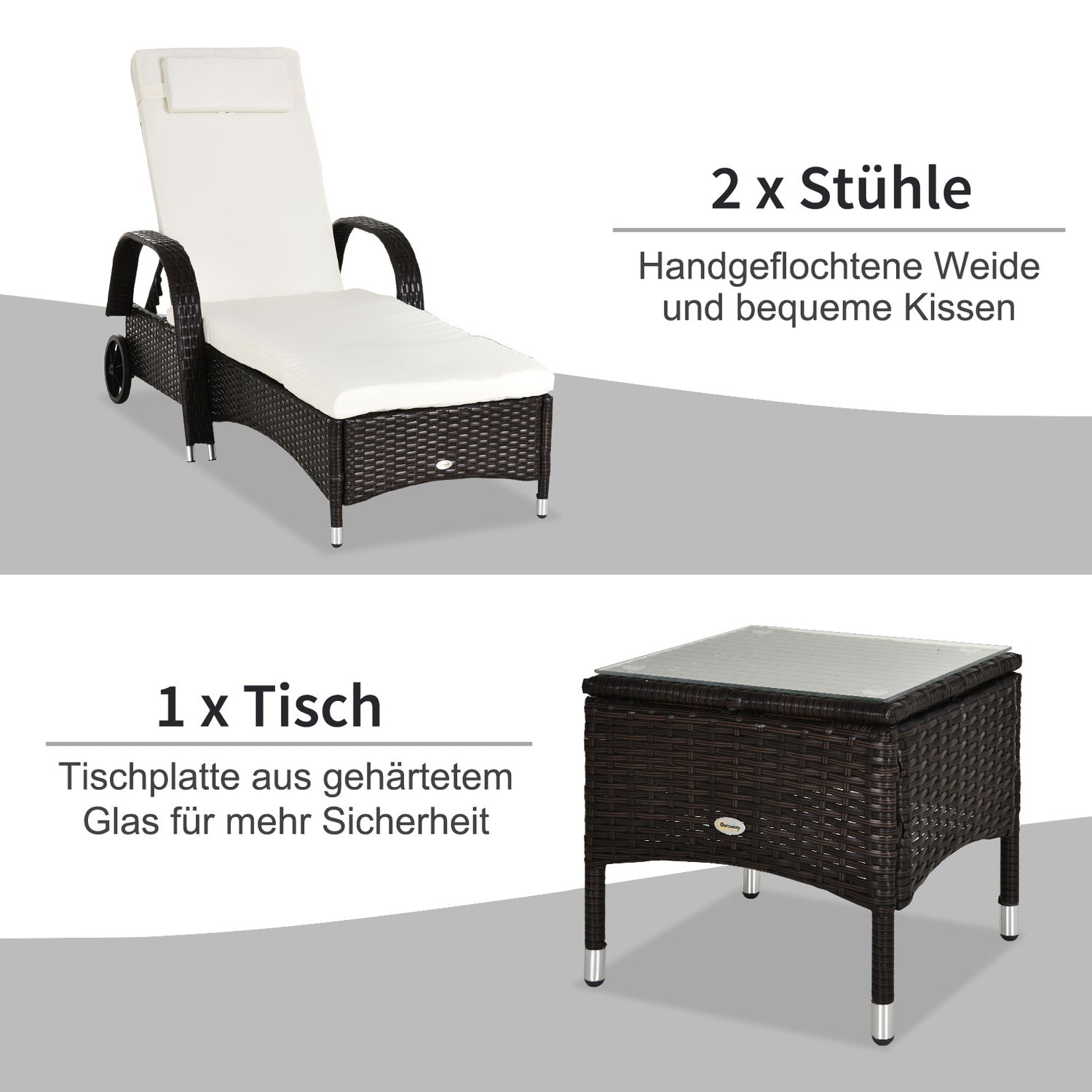 Solstol & bordsset i polyrattan, brun/gräddvit