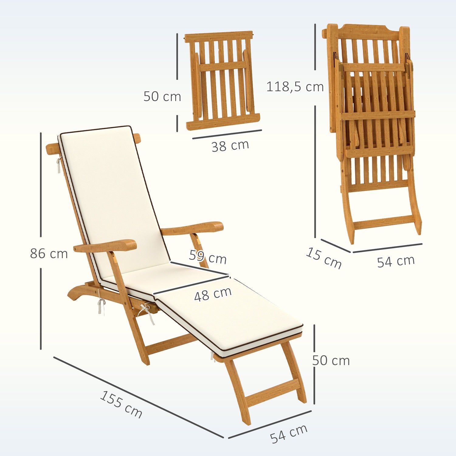 Solstol hopfällbar trädgårdsstol i trä med fotstöd, madrass, solstol upp till 160 kg lastkapacitet i teak