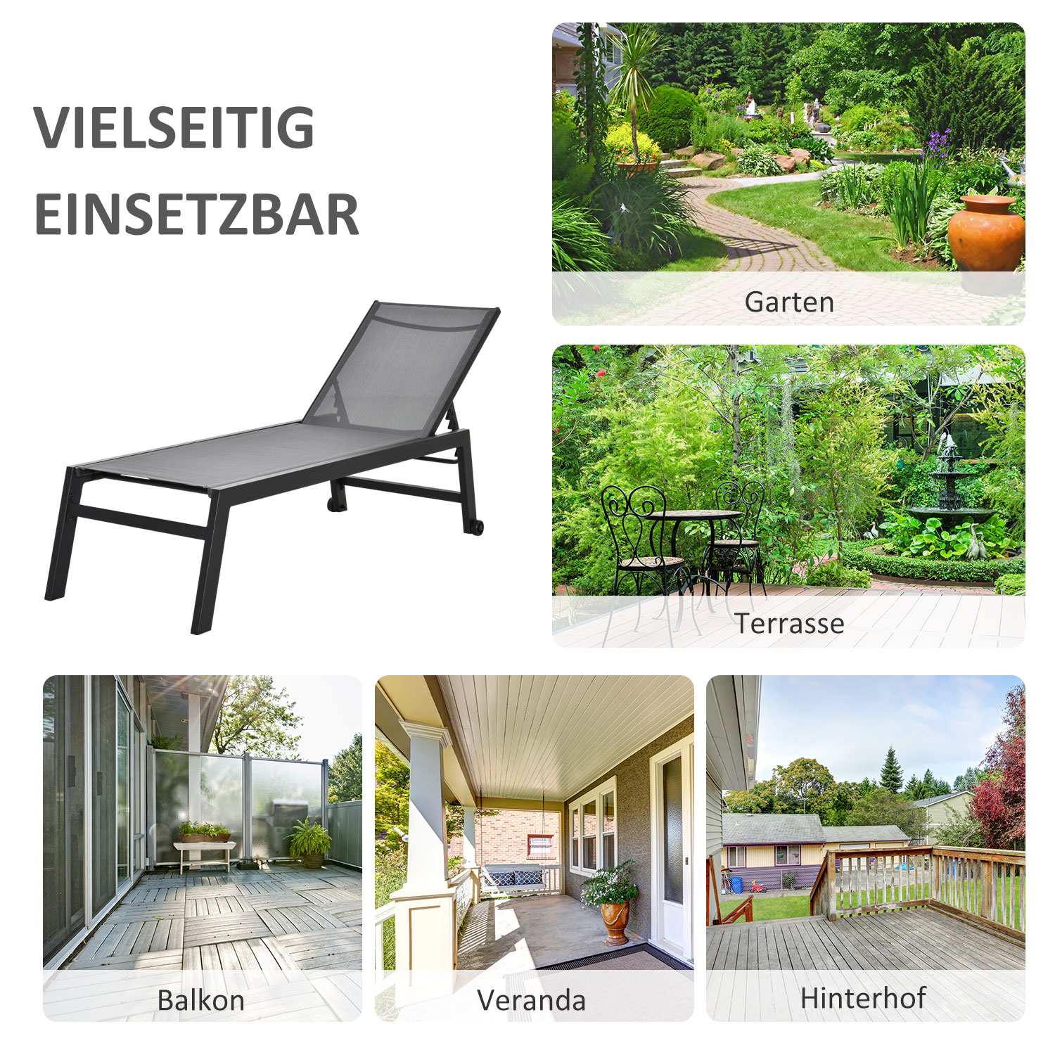 Solstol i aluminium med justerbart ryggstöd, Grå 169x65 Cm