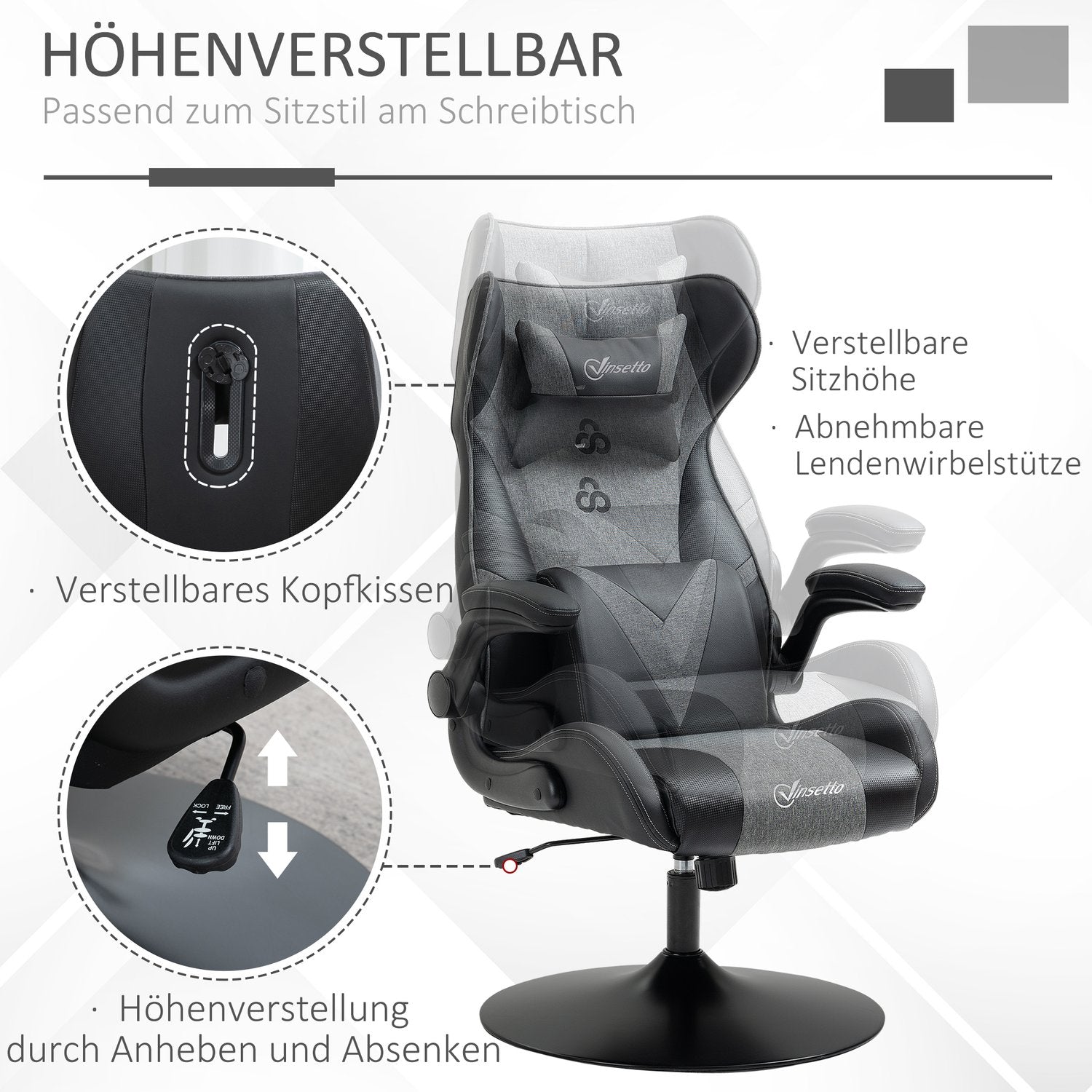 Spelstol, justerbar höjd, svart/grå, ergonomisk design
