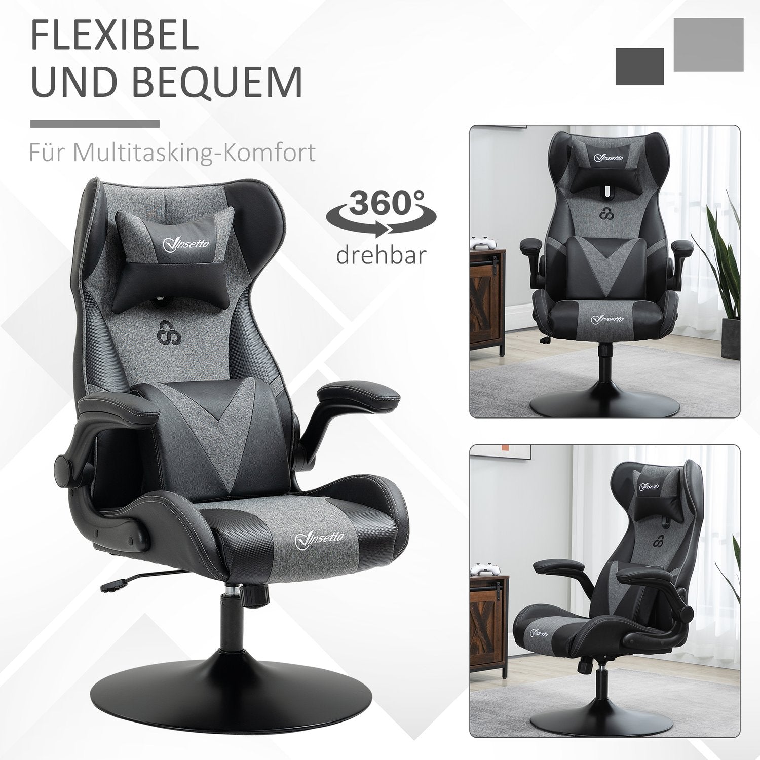 Spelstol, justerbar höjd, svart/grå, ergonomisk design