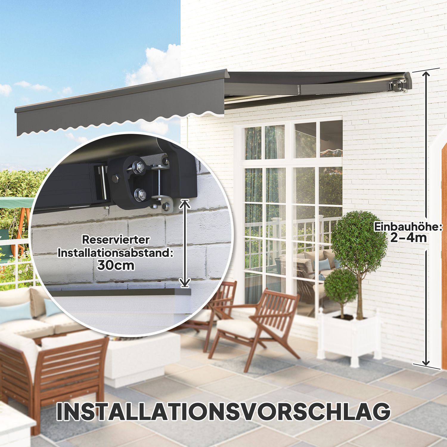 Napínací markýza s ruční klikou, UV 50+, 400 cm, šedá