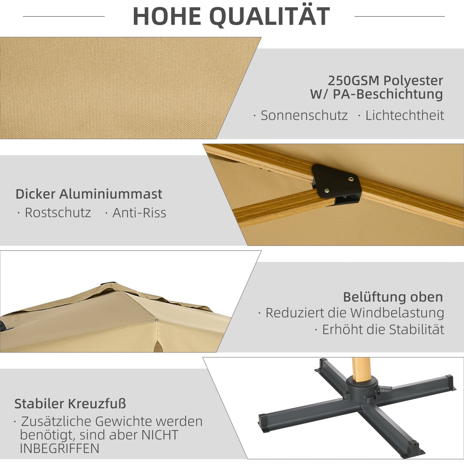 Square Cantilever Parasoll, Justerbar höjd, 295 cm, Khaki